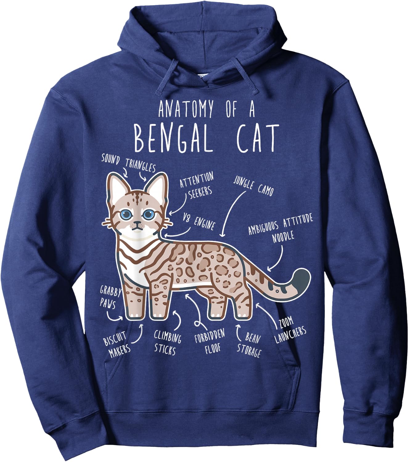 Snow Bengal Cat Seal Lynx Anatomy, Funny Cute Pet Mom Dad Men Women Girls Kids Hoodie - Hoodie | Navy