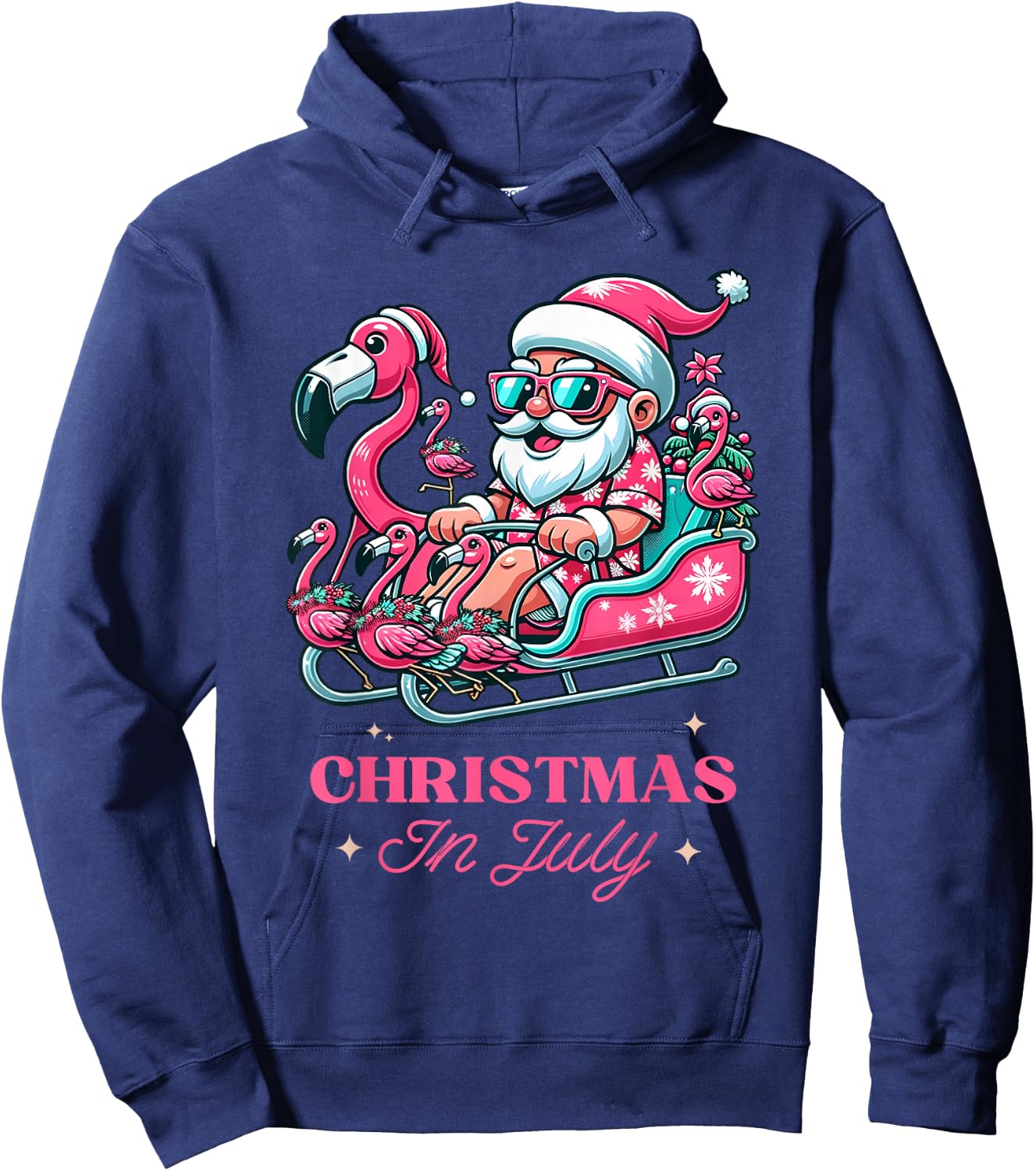 Funny Christmas in July Summer Santa Flamingo Sleigh Xmas Hoodie - Hoodie | Navy