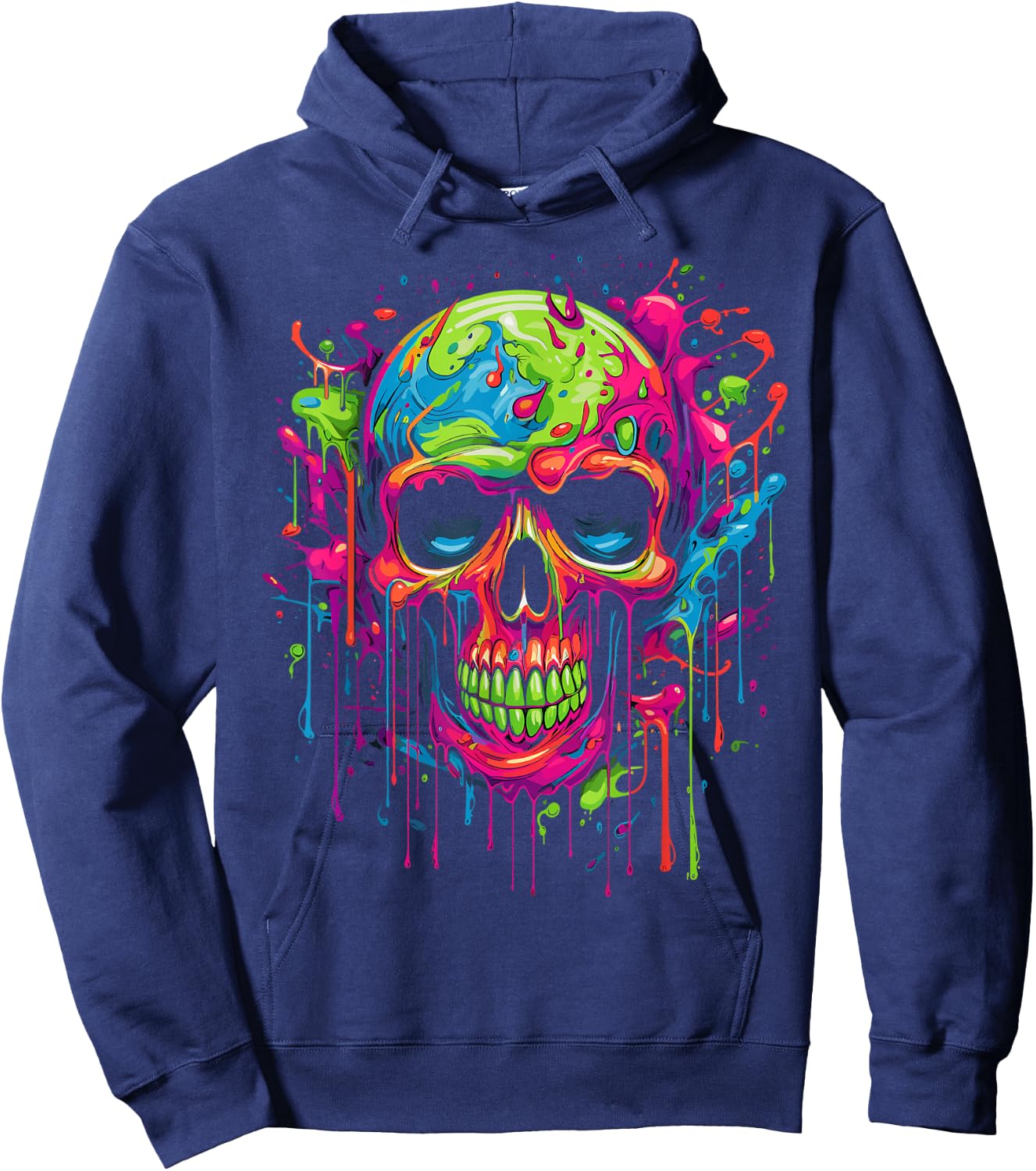Skull Invader Colourful Skull Paint Splash Trippy Skeleton v1 , black Hoodie - Hoodie | Navy