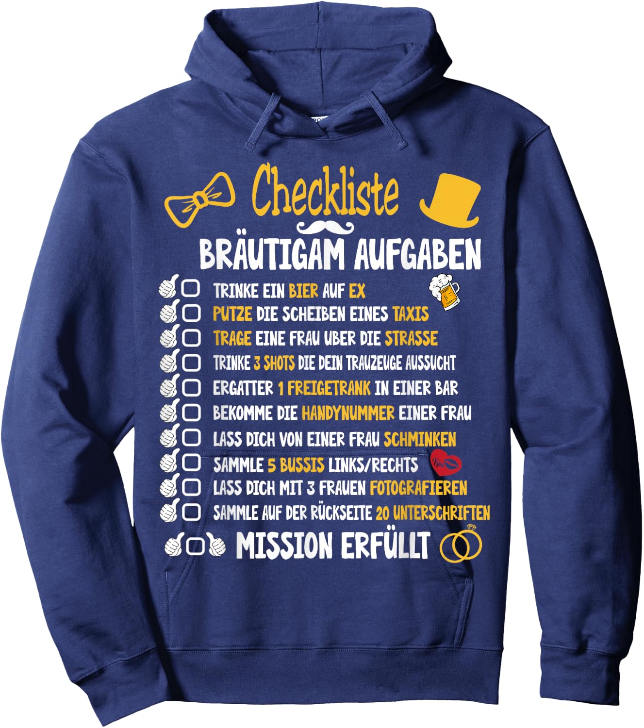 Junggesellenabschied Mann Kostüm & Polter Shirts Groom Tasks Rumbling JGA Checklist Black Small Short Sleeve Classic Fit Hoodie - Hoodie | Navy