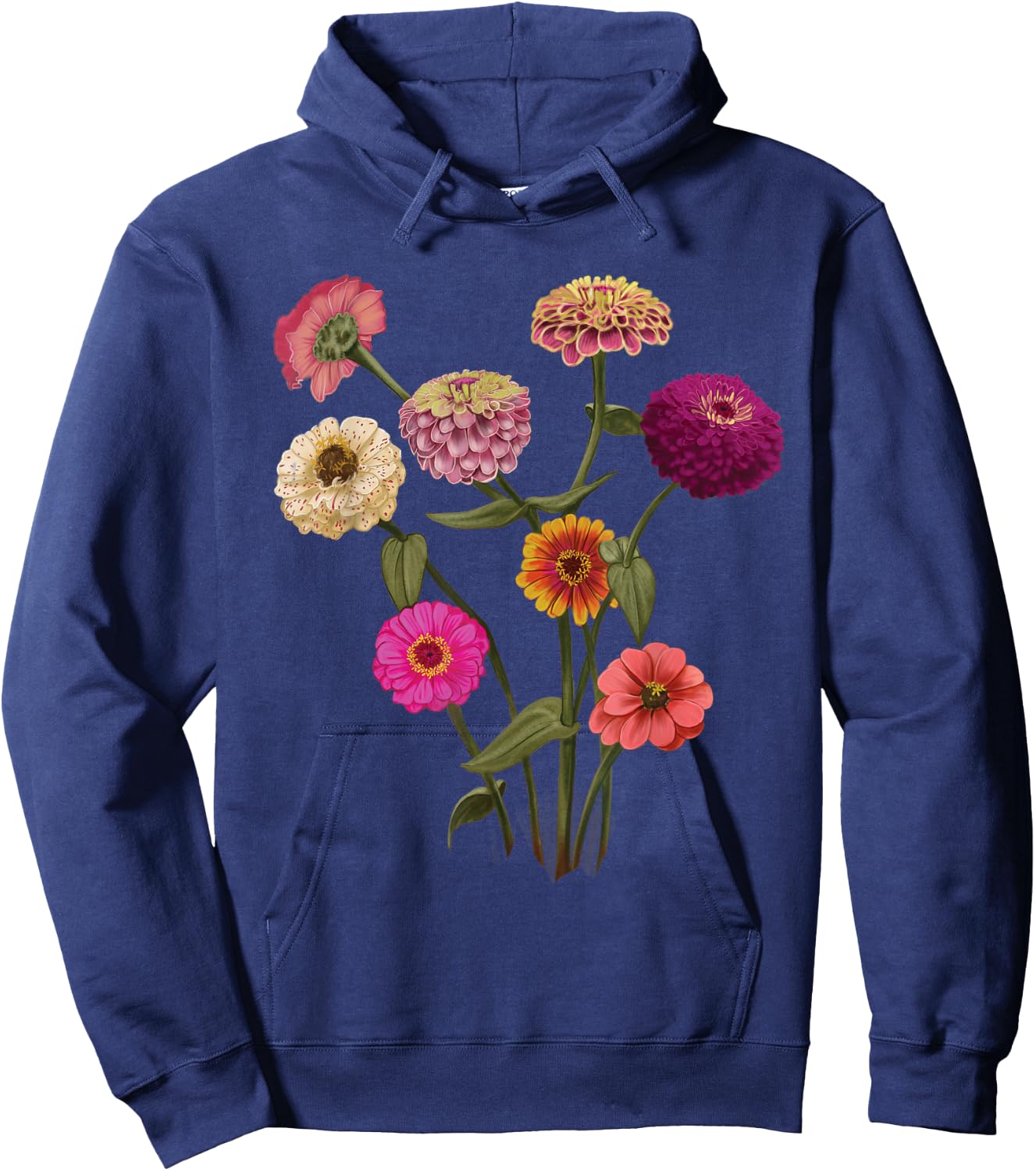 Happy Zinnia Wildflowers, Handpainted Style Graphic Hoodie - Hoodie | Navy
