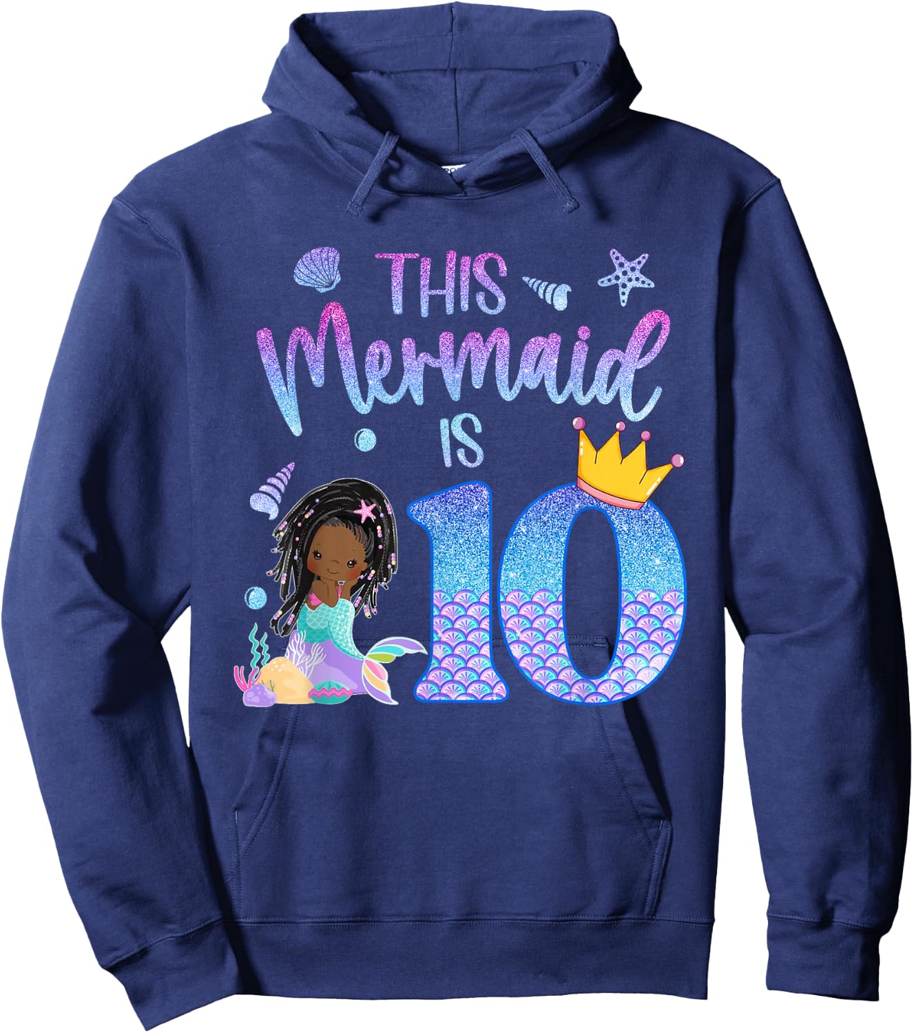 Black Mermaid 10 Year Old Girl Birthday 10th Bday Cute Hoodie - Hoodie | Navy