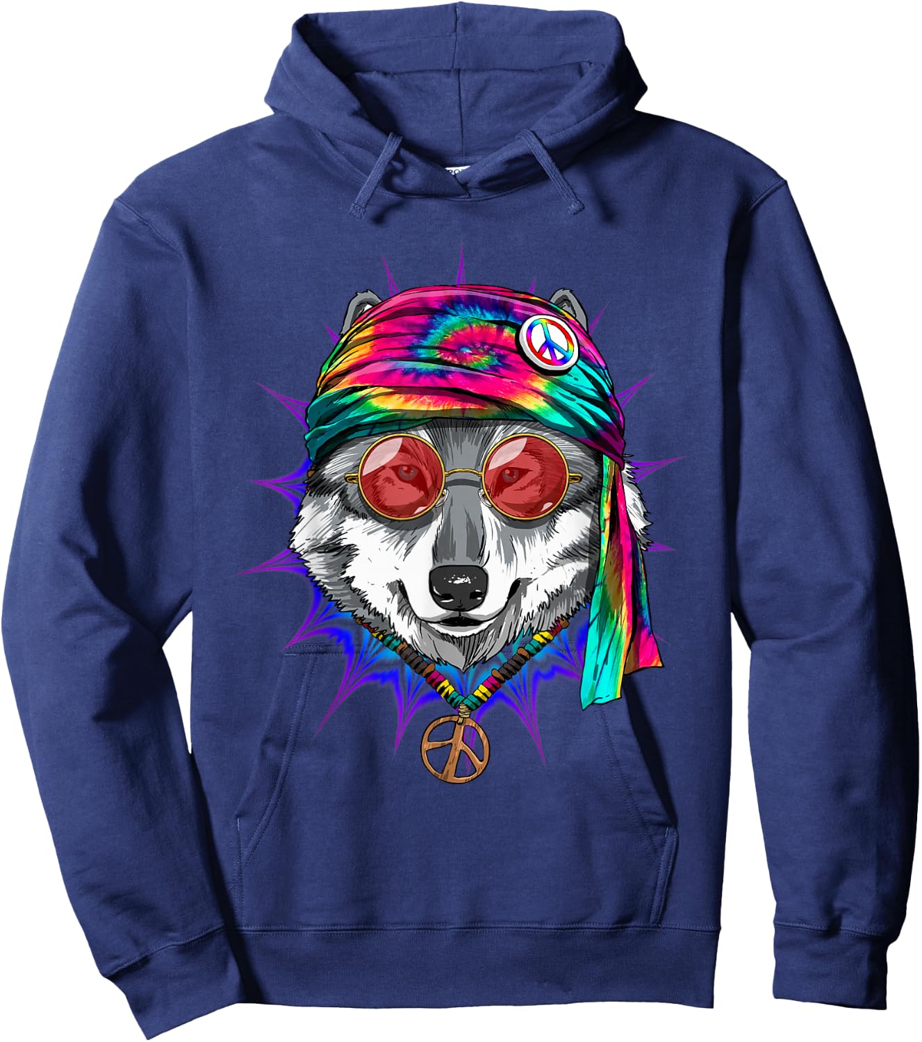 Tie Dye Hippie Wolf Hippiness Peace Love Wolf Hoodie - Hoodie | Navy