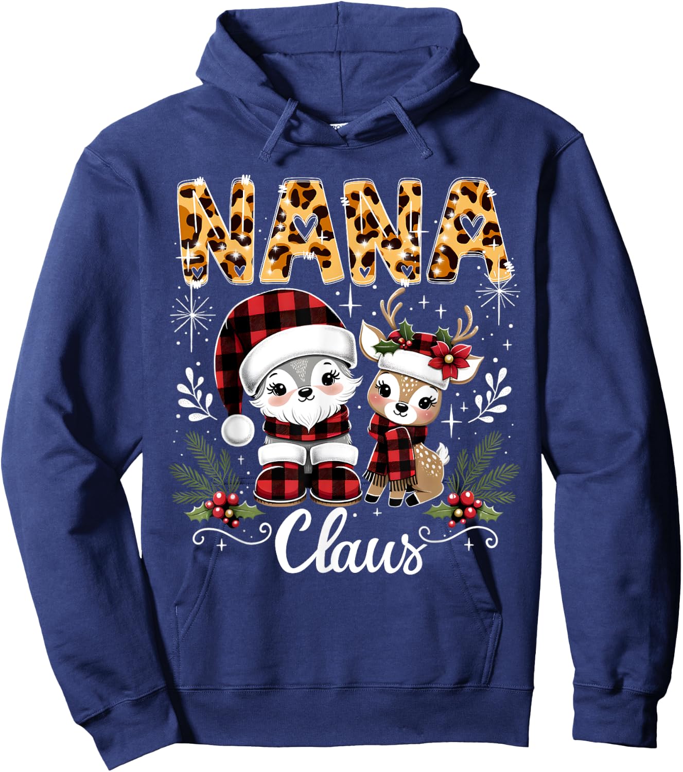 Christmas Nana Claus Grandma Leopard Buffalo Plaid Pjs Xmas Hoodie - Hoodie | Navy