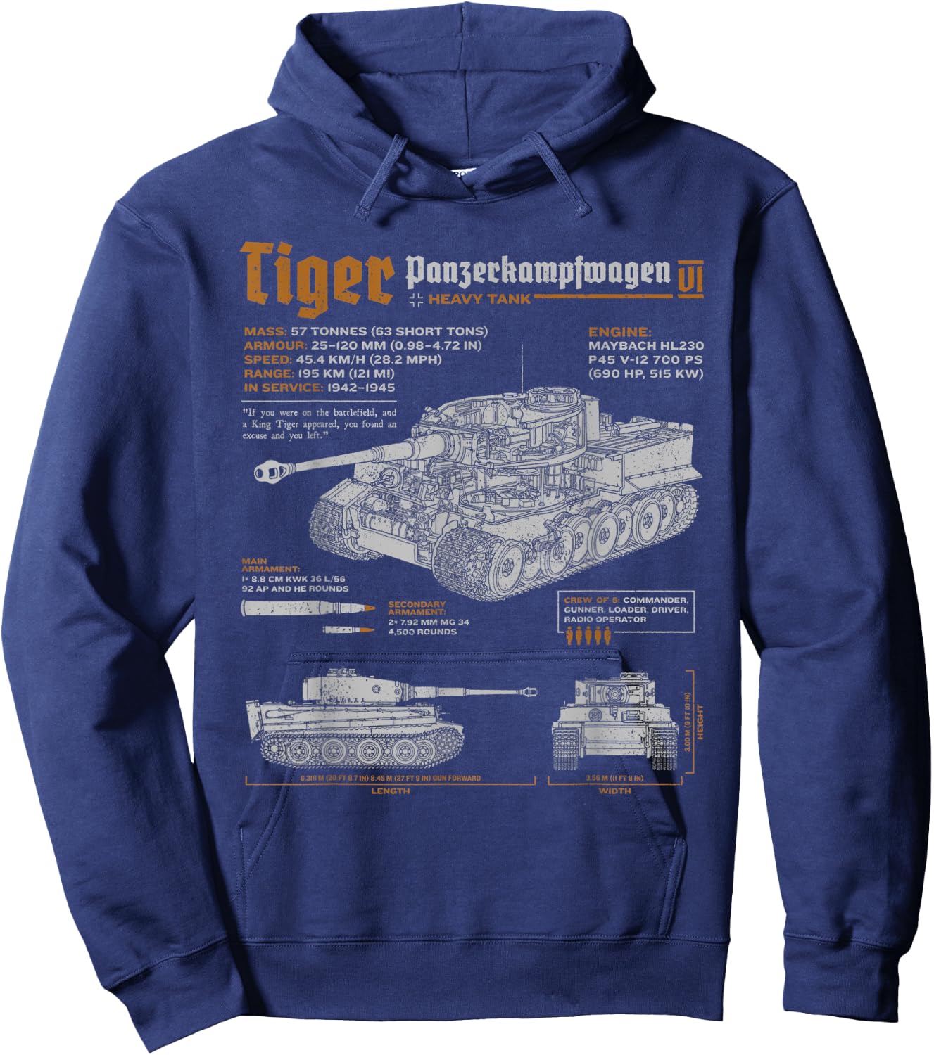 Tiger Tank Panzer PzKpfw VI World War 2 Blueprint Hoodie - Hoodie | Navy