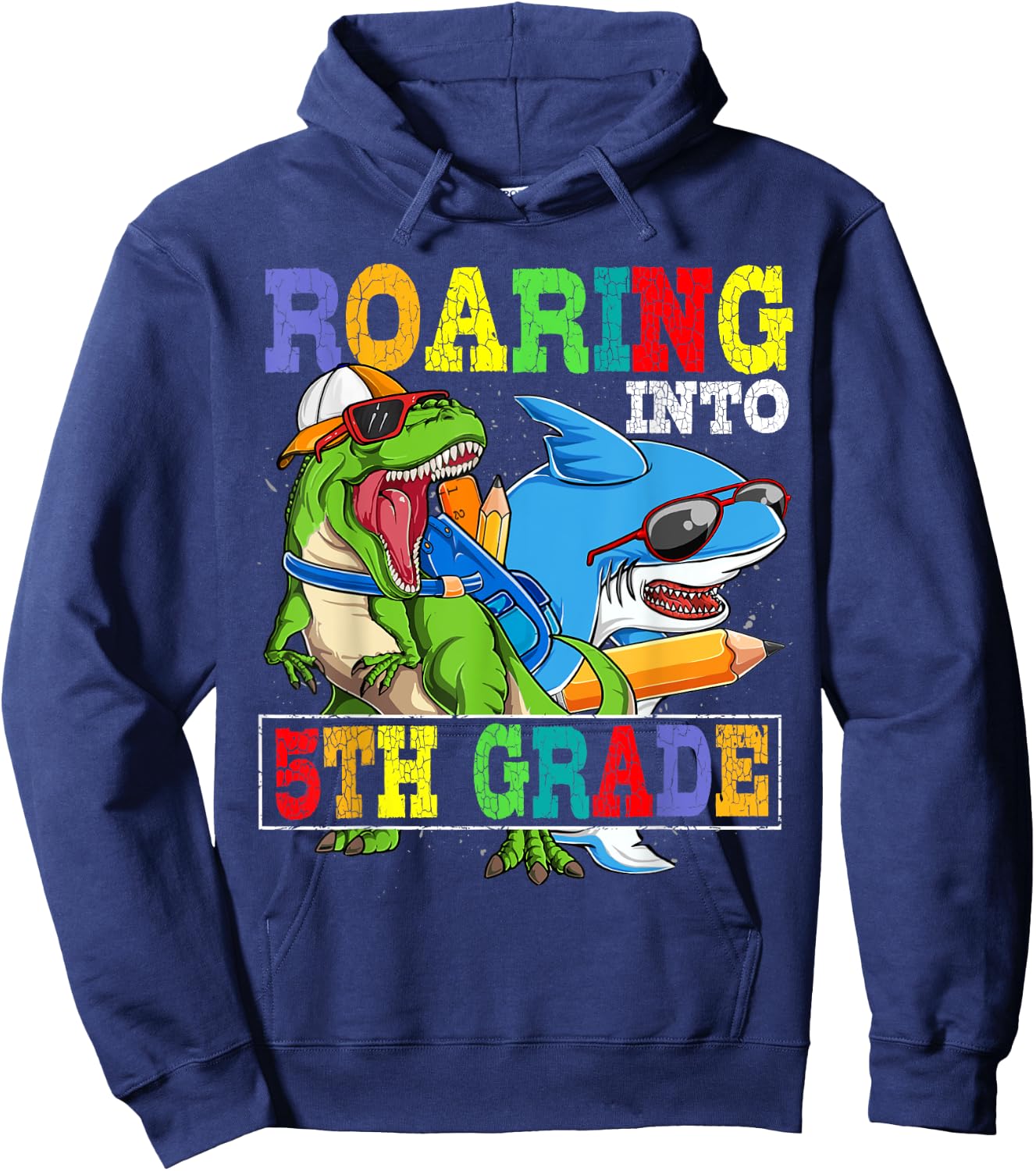 Roaring 5th Grade Dinosaur Shark Back to School Boys Kids Hoodie - Hoodie | Navy