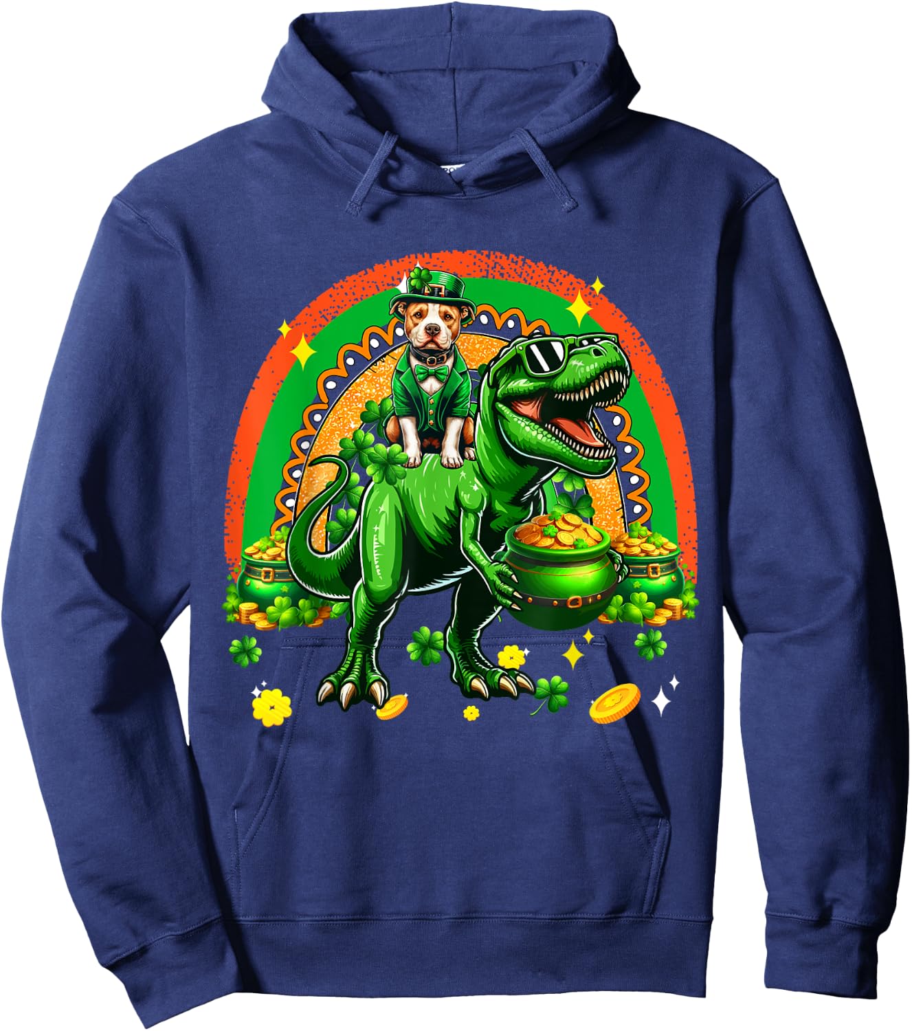 Patrick's Day Pit Bull Riding T-Rex Shamrocks Rainbow Hoodie - Hoodie | Navy
