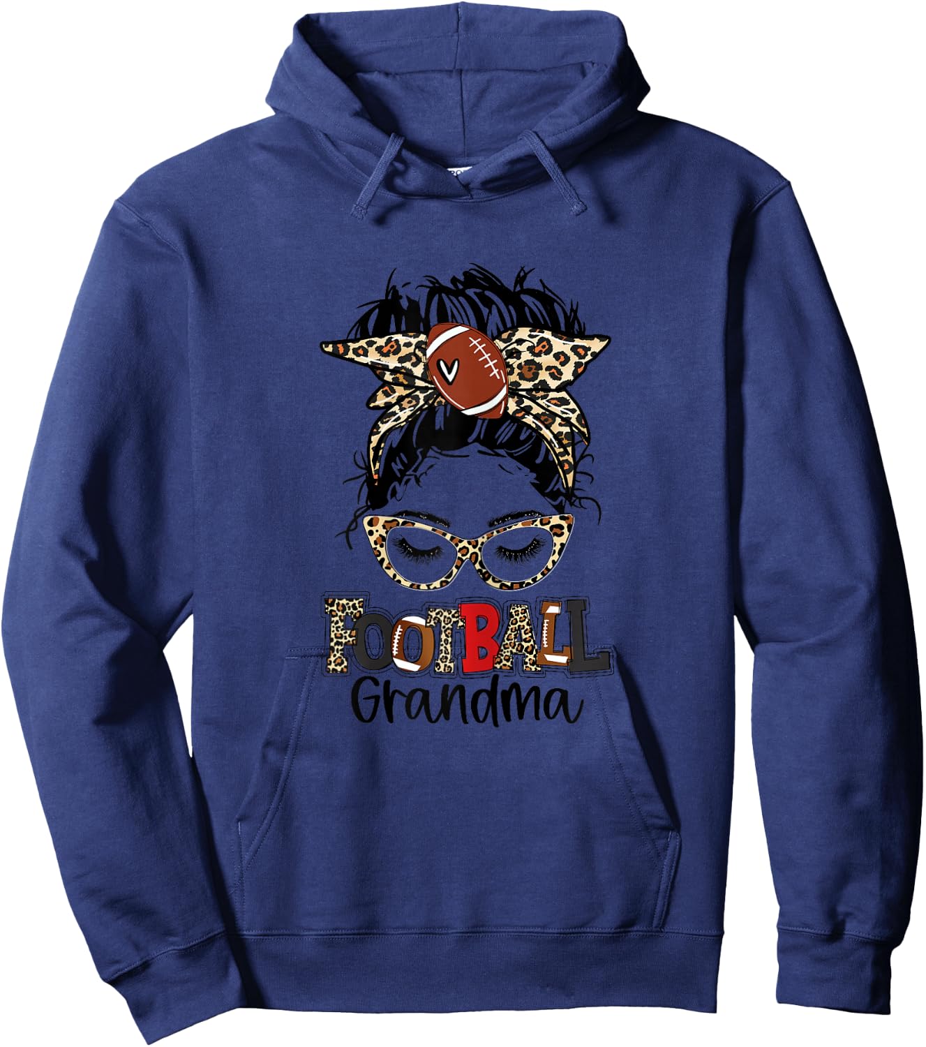 Leopard Messy Bun Football Grandma Game Day Mothers Day Hoodie - Hoodie | Navy