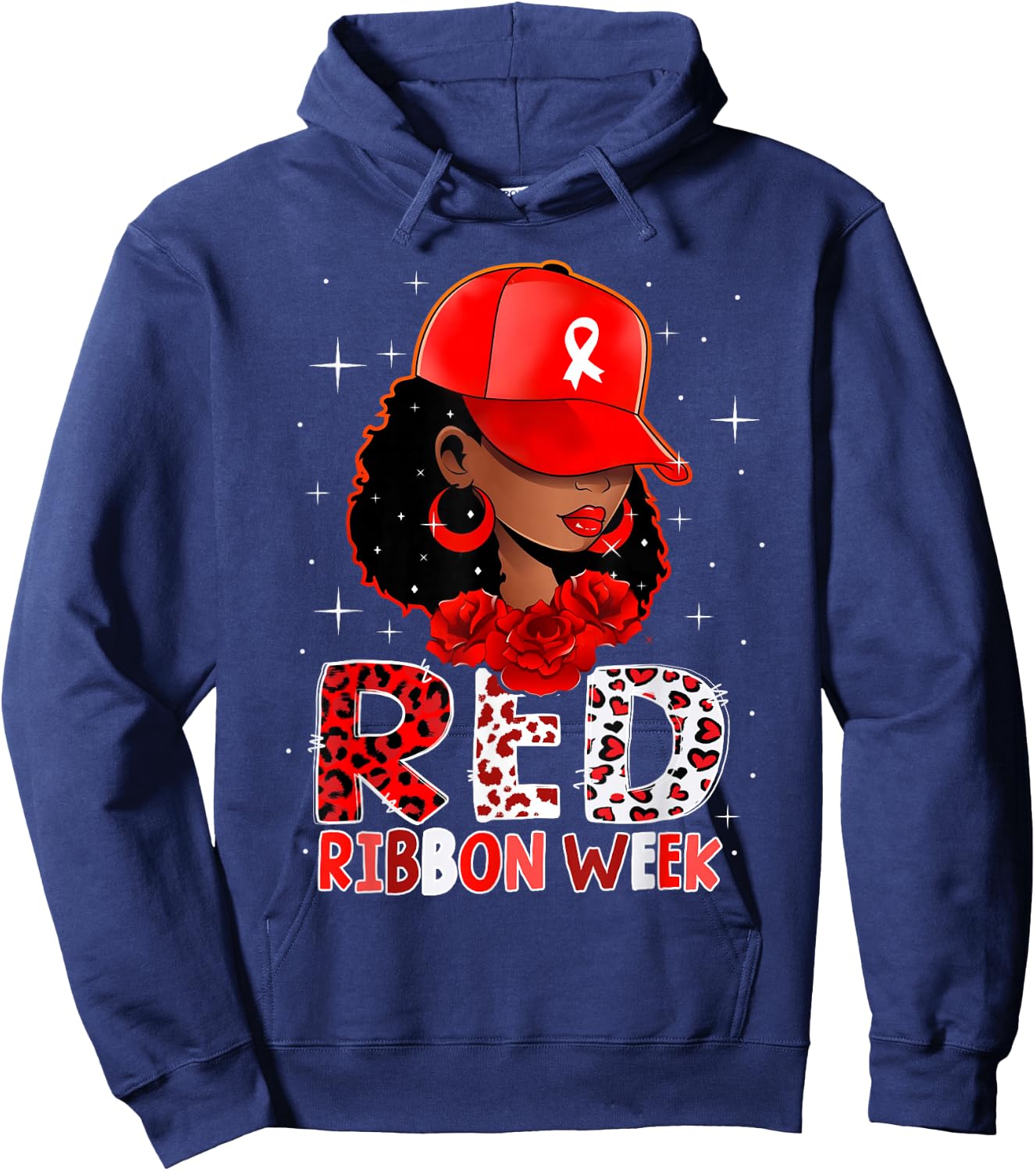 Black Girl Red Ribbon Week Leopard We Wear Red for Awareness Hoodie - Hoodie | Navy