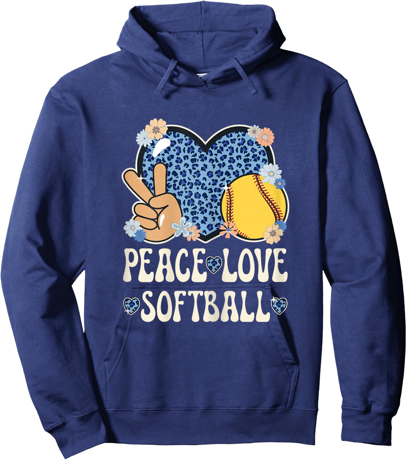 Peace Love Softball Lover Leopard Print Girls Cute Softball Hoodie - Hoodie | Navy