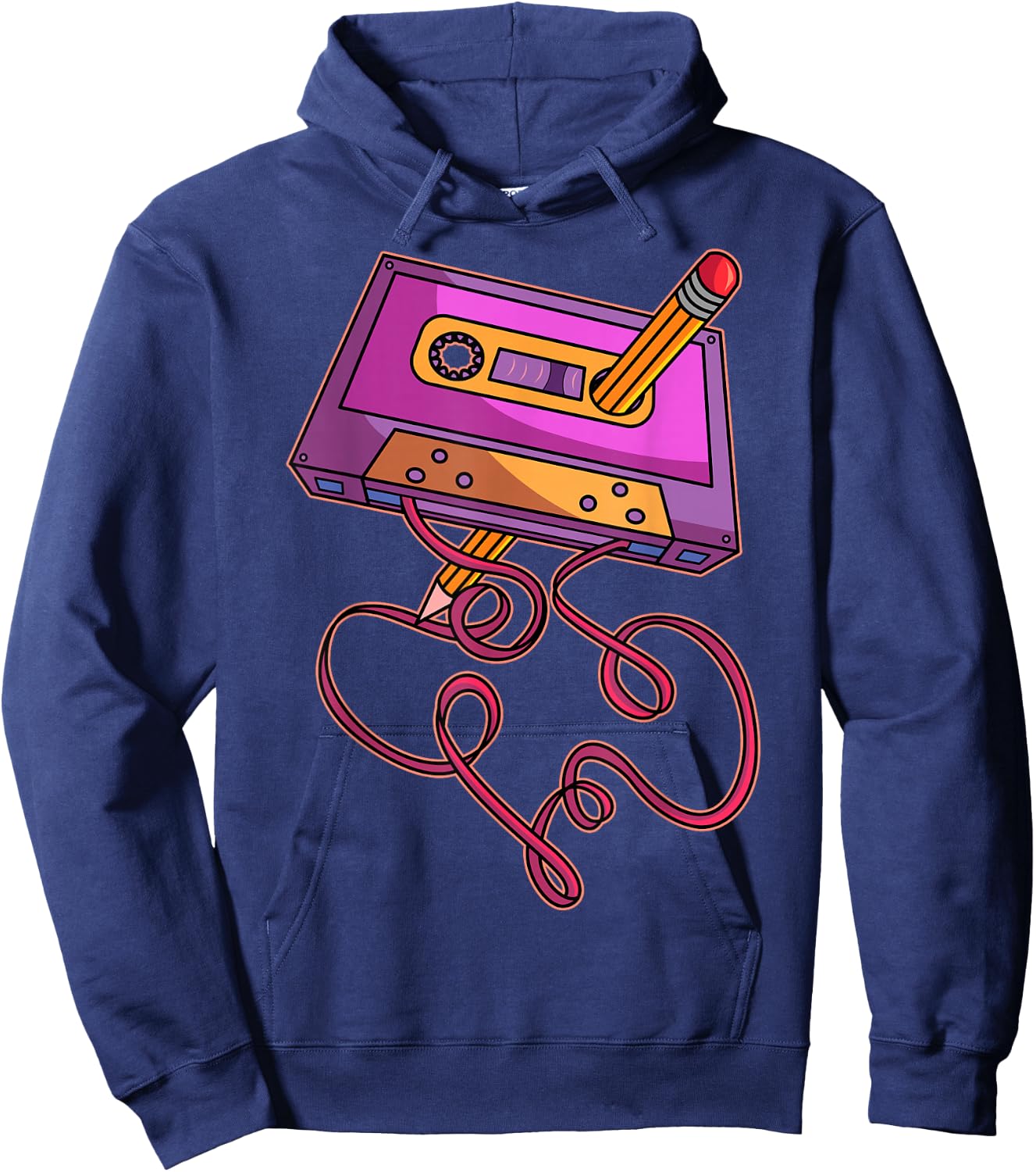 80s Cassette Tape Pencil 1980s Retro Vintage Throwback Music Short Sleeve Hoodie - Hoodie | Navy