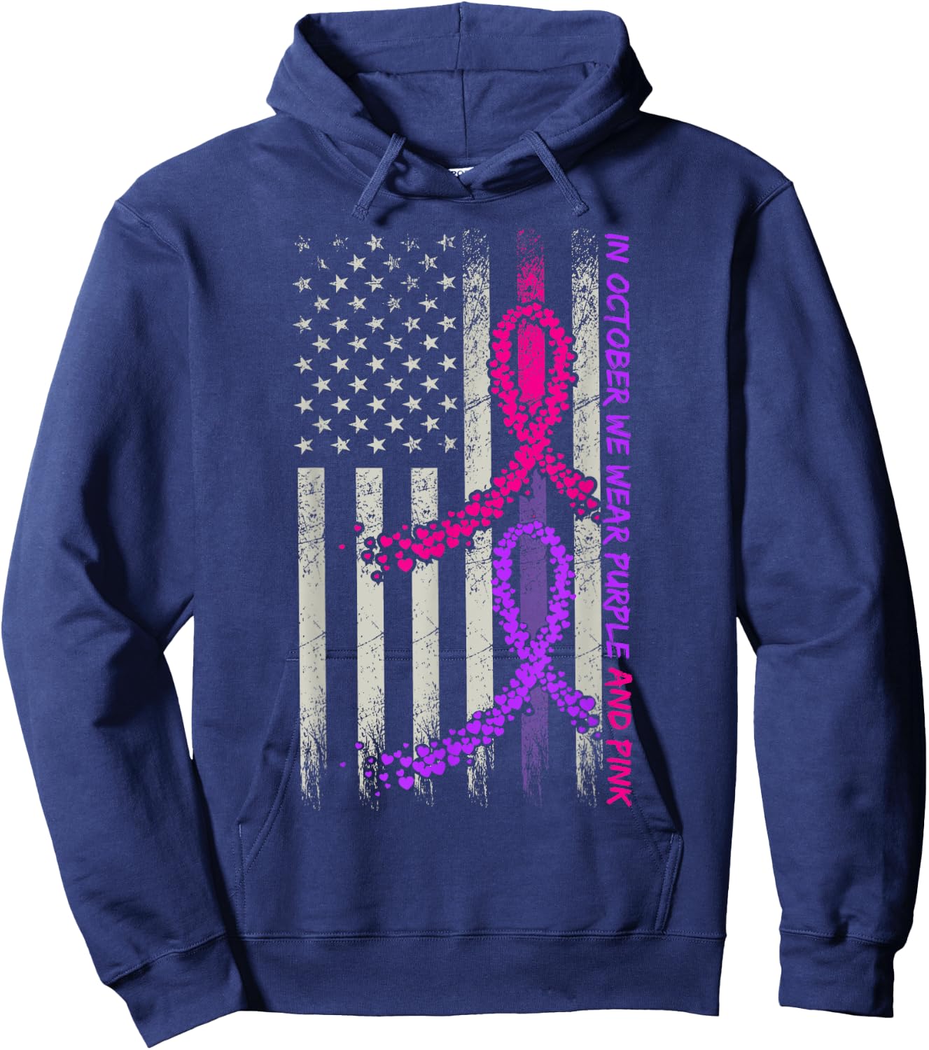 American Flag Breast Cancer and Domestic Violence Awareness Hoodie - Hoodie | Navy