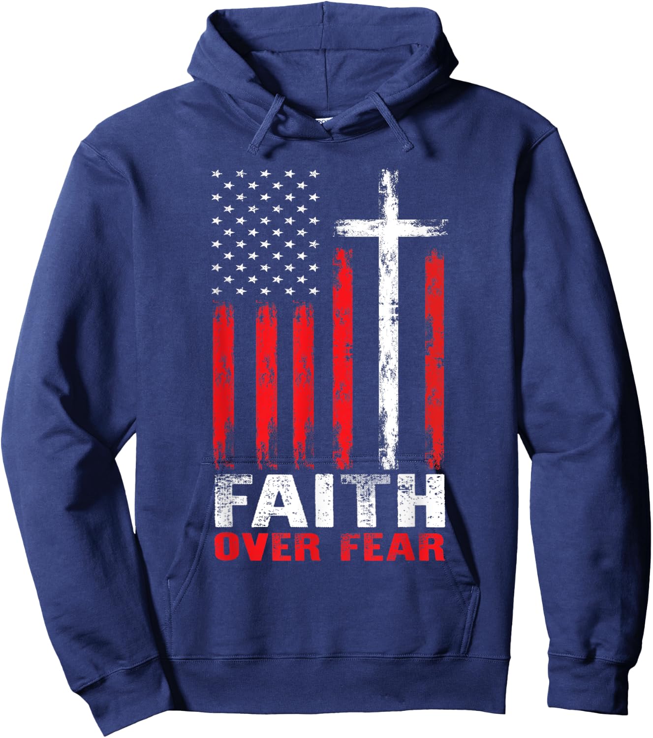 Faith Over Fear Christian Cross American Flag Distress Hoodie - Hoodie | Navy