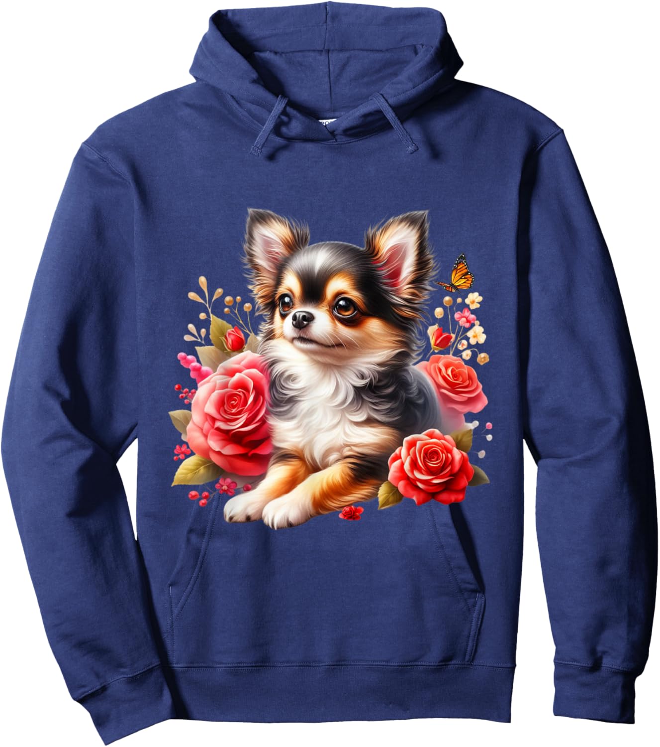 Chihuahua Floral Watercolor Long Hair Chihuahua , Black, S Hoodie - Hoodie | Navy