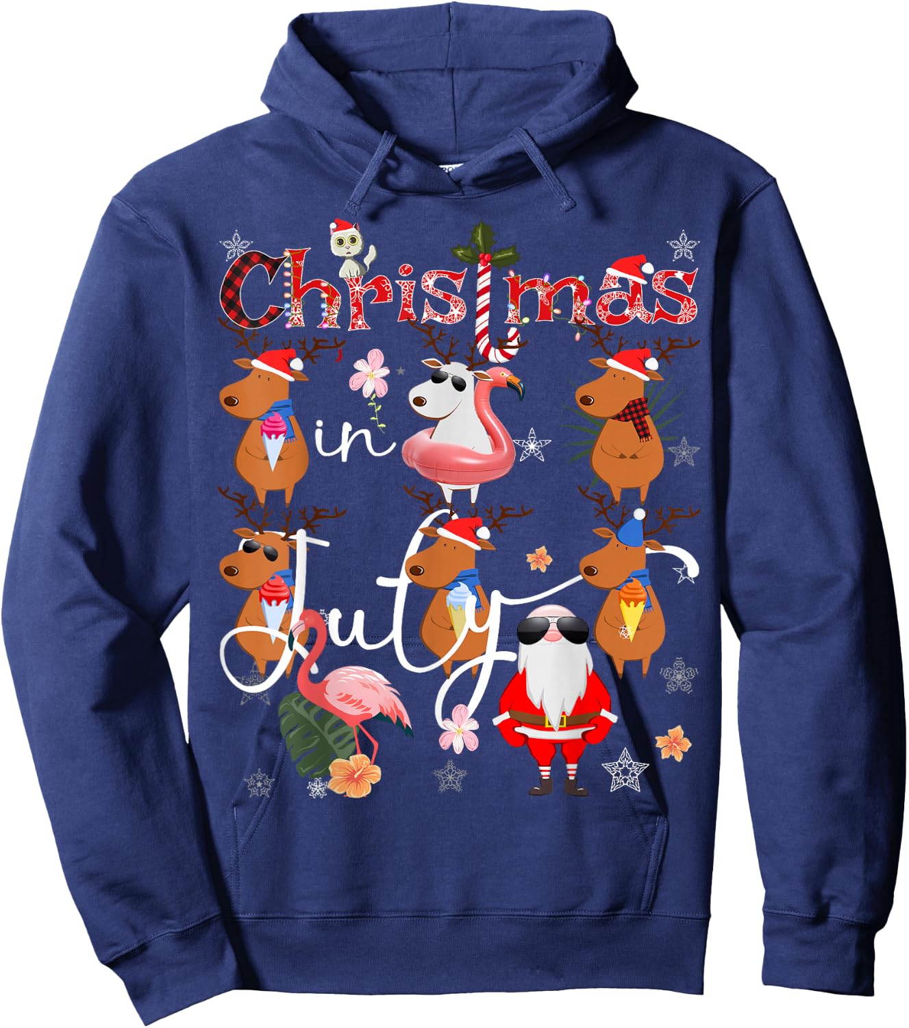 Christmas in July Funny Santa Reindeer Flamingos Summer Hoodie - Hoodie | Navy