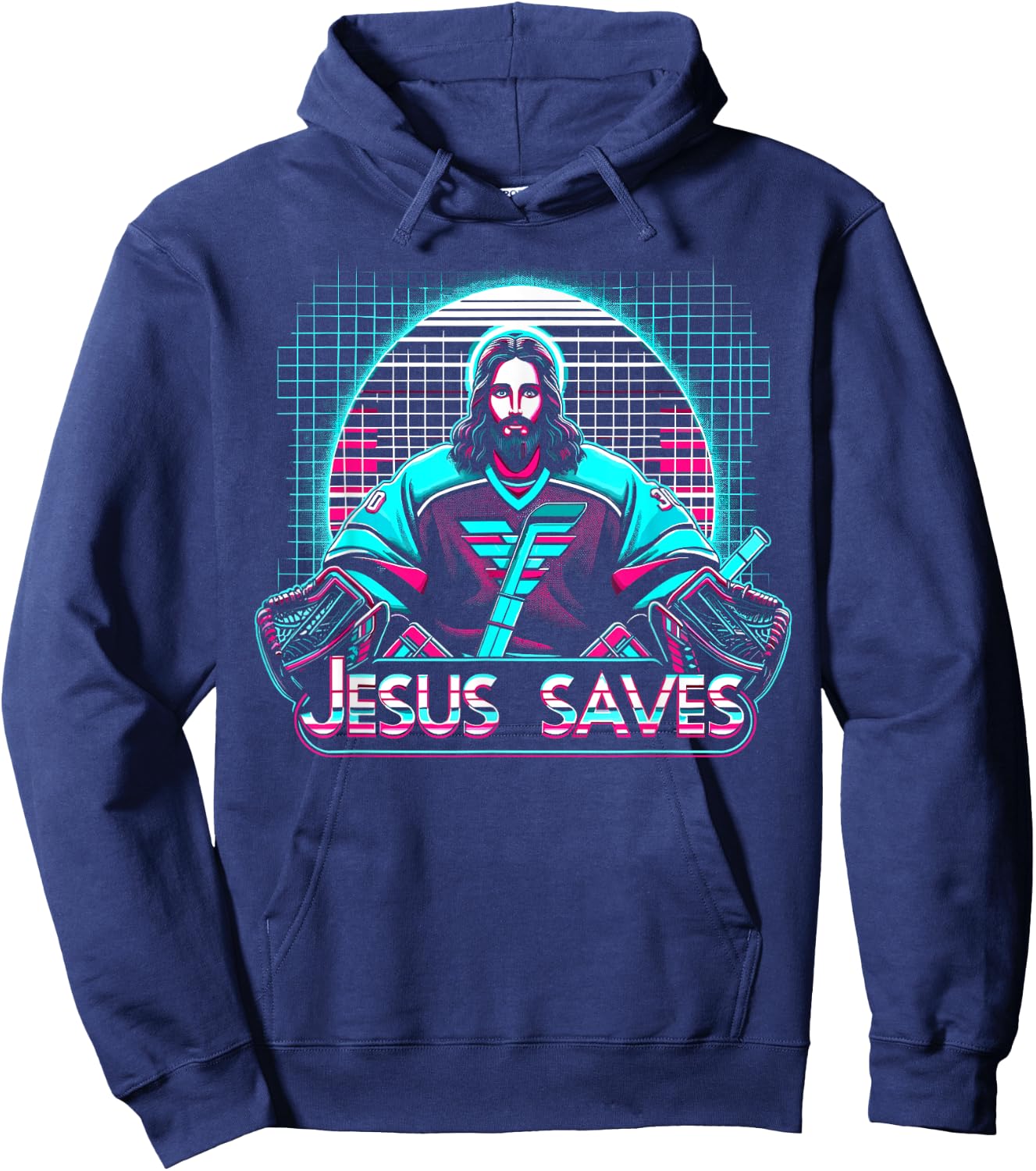 Vaporwave Jesus Saves Ice Hockey Goalie Hoodie - Hoodie | Navy