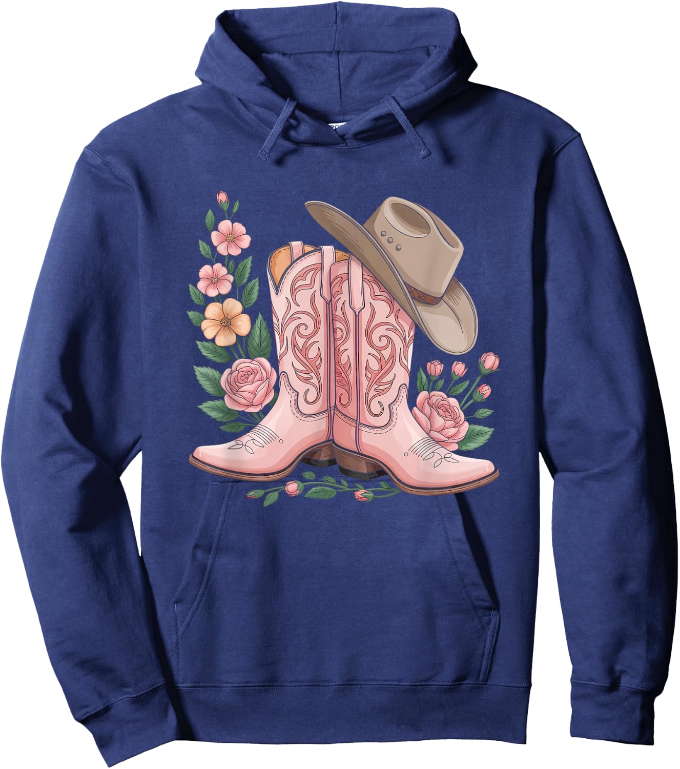 Cowboy Boot Western Country Cowgirl Flowers Girl Pink Woman Hoodie - Hoodie | Navy