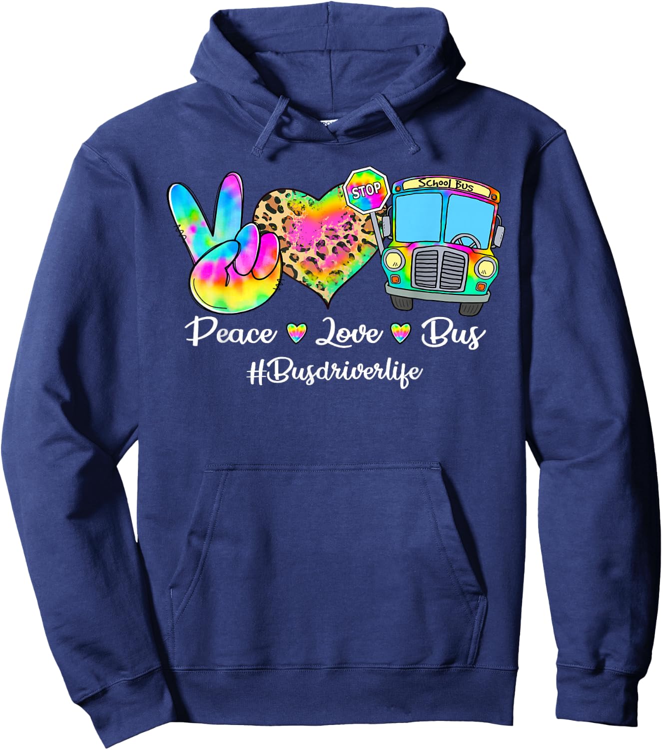 Peace Love Bus Tie Dye Leopard Bus Driver Life Gifts Hoodie - Hoodie | Navy