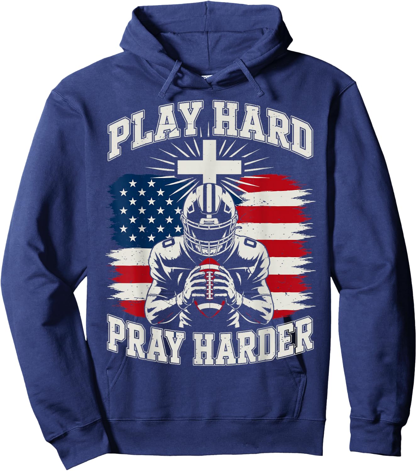 Youth Christian Football Play Hard Pray Harder American Flag Hoodie - Hoodie | Navy