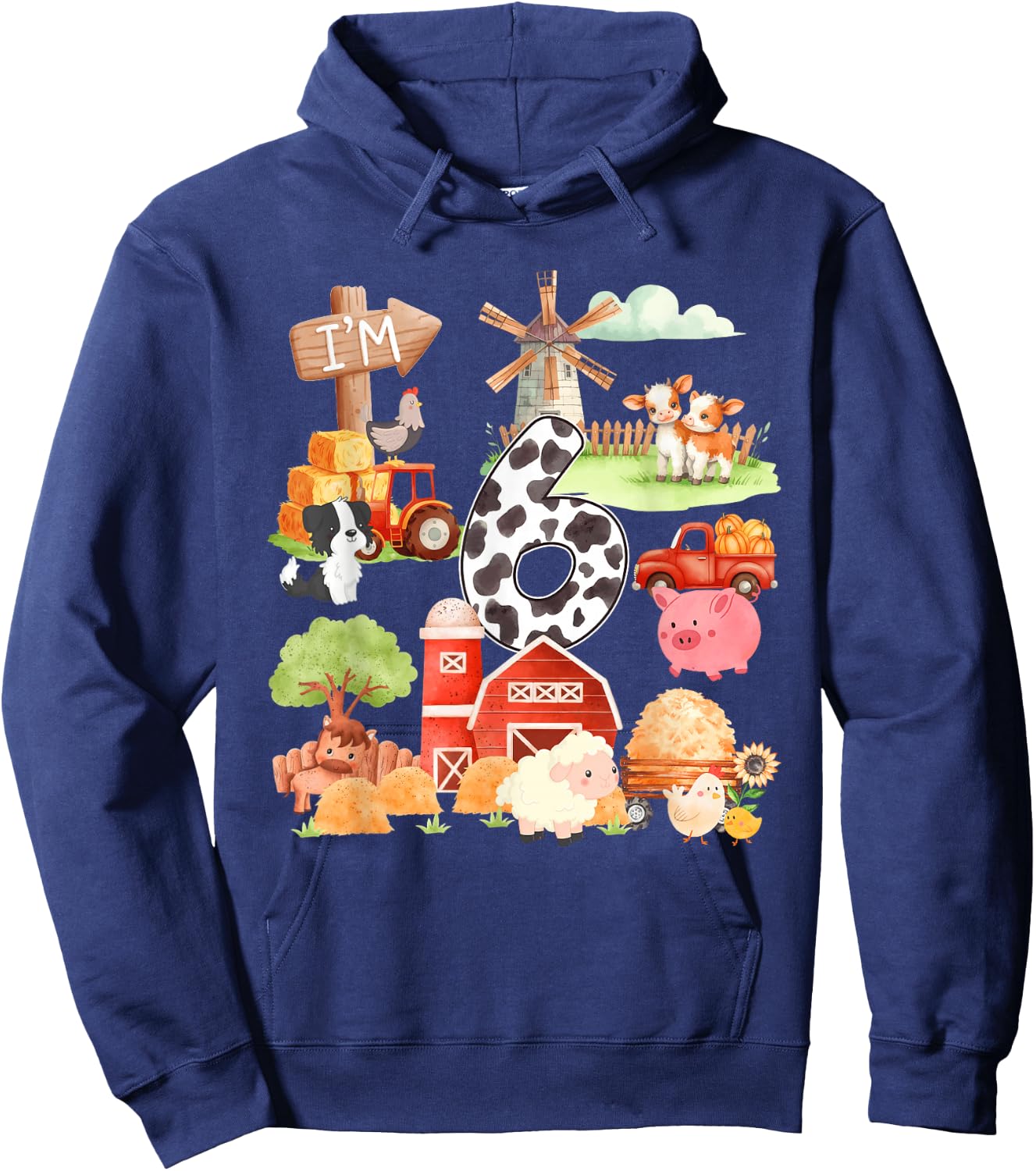 6 Year Old Farmer Lover 6th Birthday Farm Animals Theme Hoodie - Hoodie | Navy