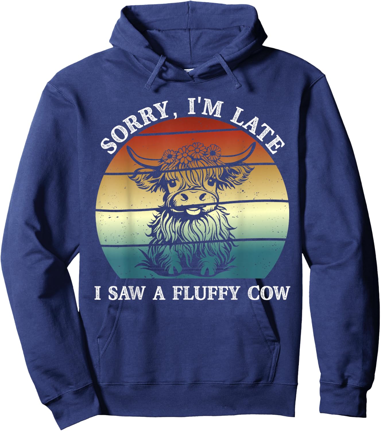 Sorry I'm Late Saw A Fluffy Cow Vintage Sunset Highland Cow Hoodie - Hoodie | Navy