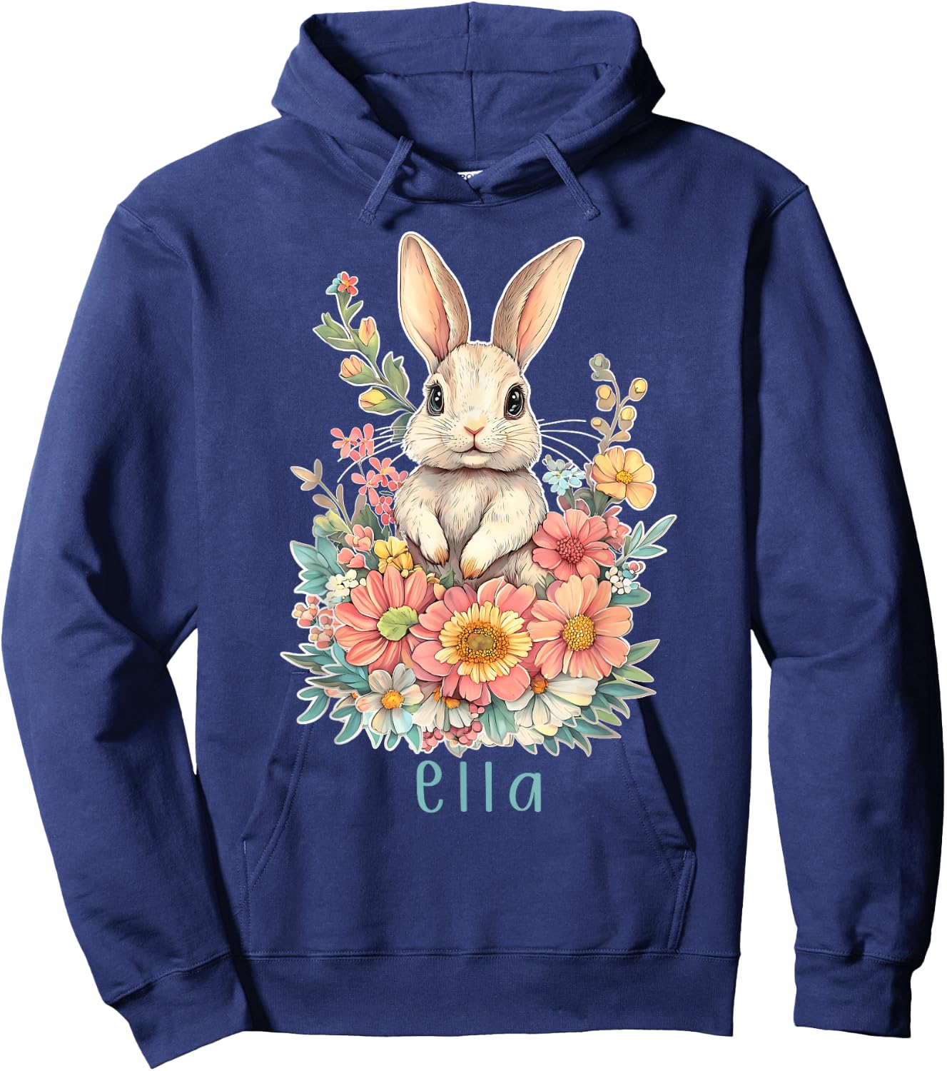 First Name Ella Cute Bunny Flowers Personalized Girl Hoodie - Hoodie | Navy