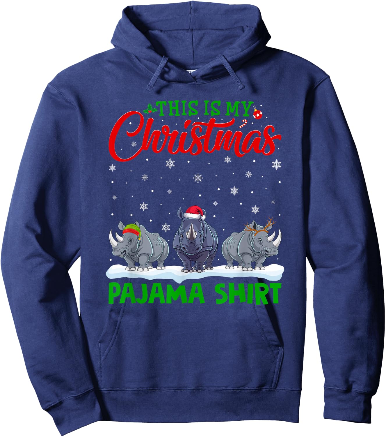 Xmas Santa Hat Reindeer Rhino Christmas Pajama Hoodie - Hoodie | Navy