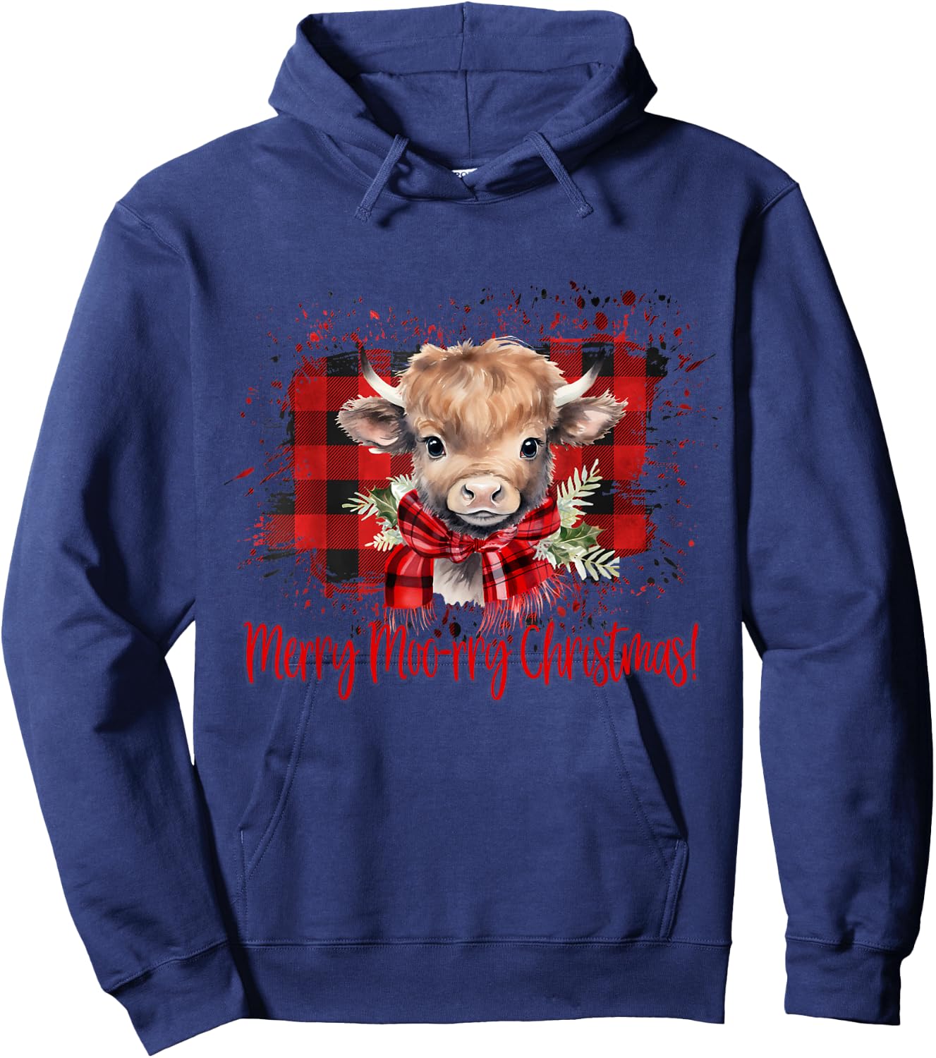 Merry Moo-rry Christmas Buffalo Plaid Highland Cow Hoodie - Hoodie | Navy
