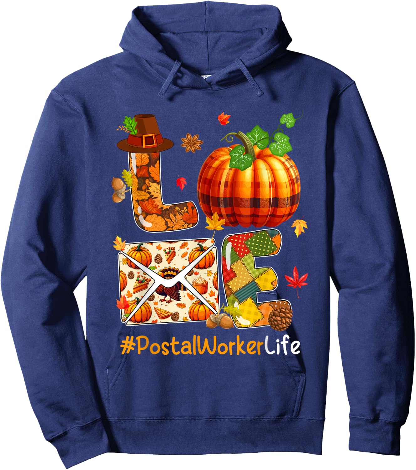 LOVE Postal Worker Thanksgiving Job Team Pumpkins Colorful Hoodie - Hoodie | Navy