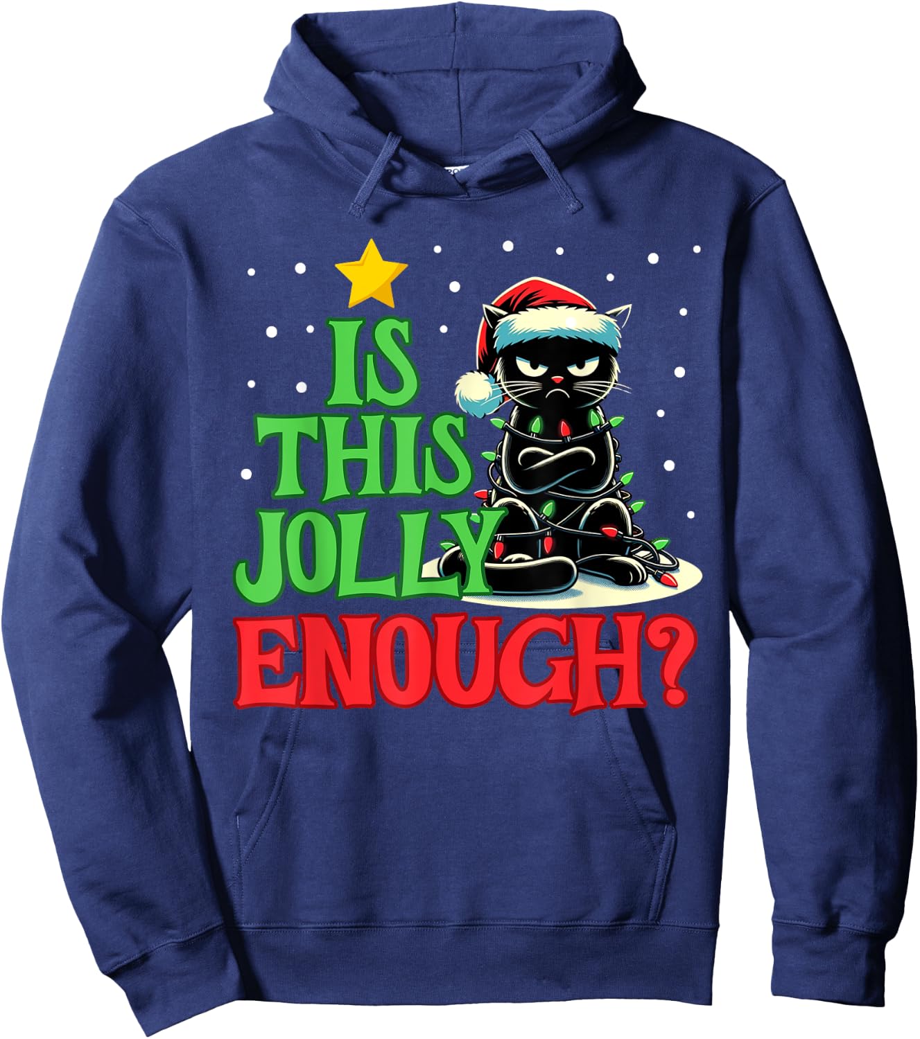Is This Jolly Enough Funny Black Cat Christmas Tree Lights Men Women Kids Hoodie - Hoodie | Navy