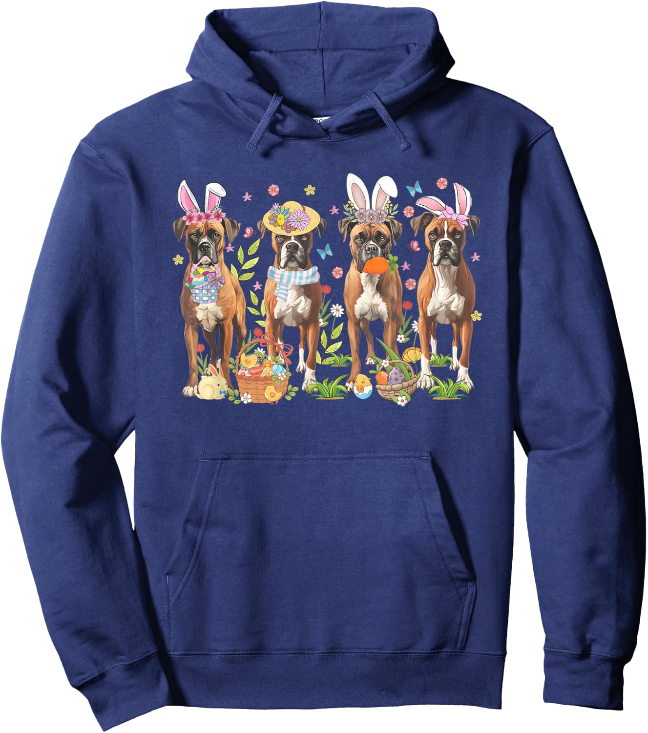 Easter Boxer Bunnies Floral Boxer Dogs Easter Day Hoodie - Hoodie | Navy