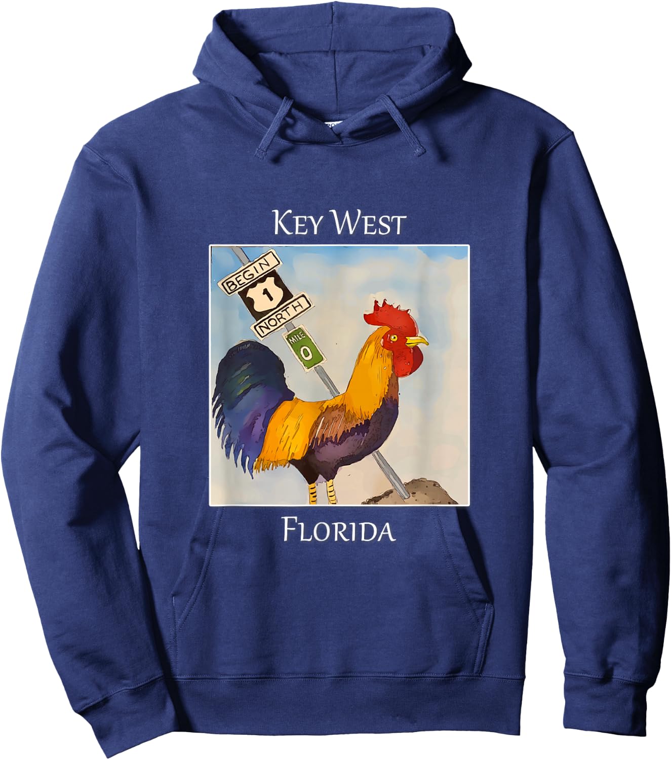 Rooster and Mile Marker 0 Famous in Key West, Florida Hoodie - Hoodie | Navy