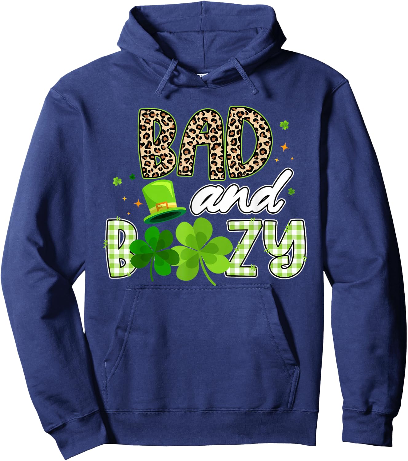Bad and Boozy Leopard Green Plaid Shamrocks St Patricks Day Hoodie - Hoodie | Navy