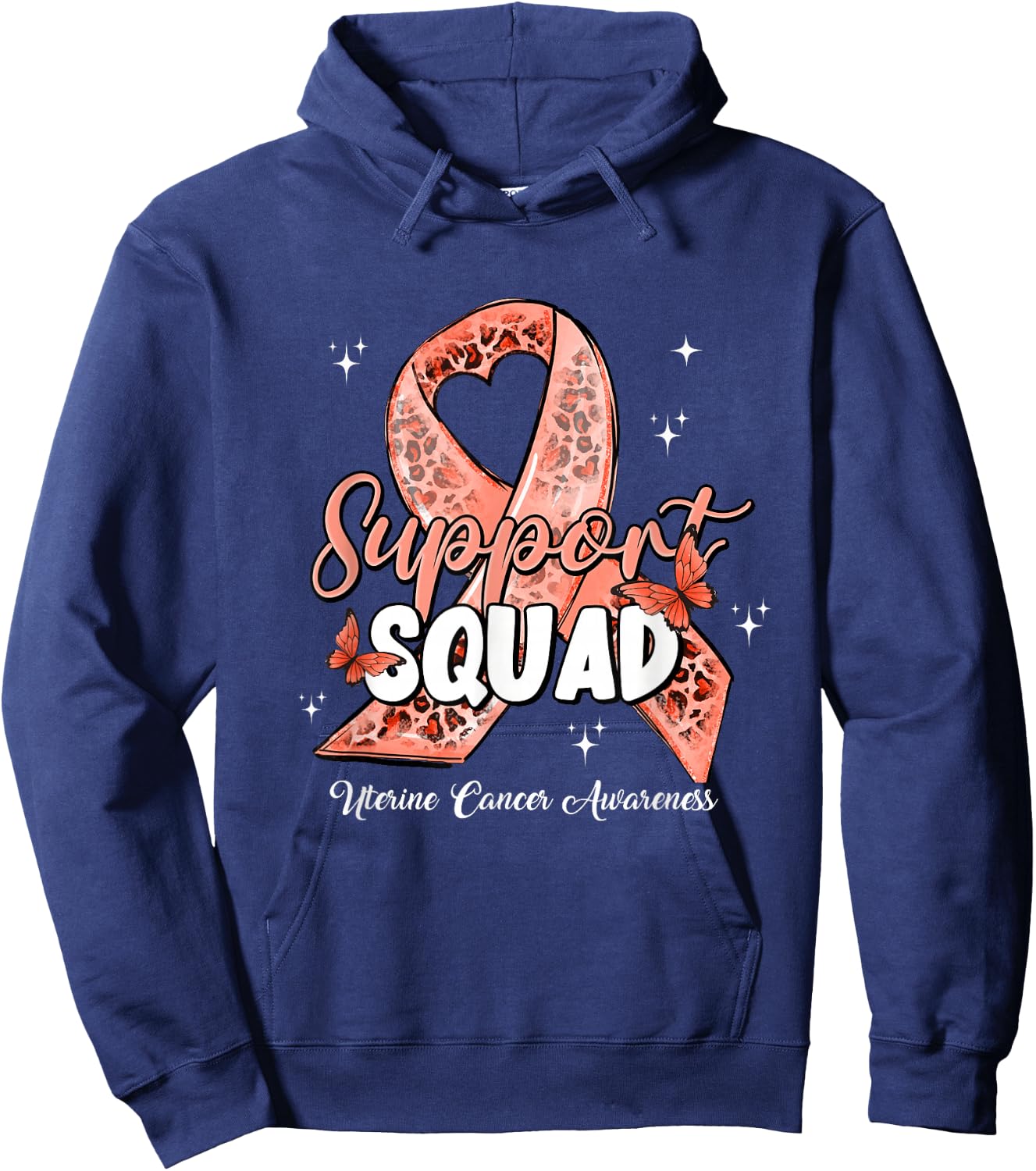 Support Squad Butterfly Peach Ribbon Uterine Cancer Gifts Hoodie - Hoodie | Navy