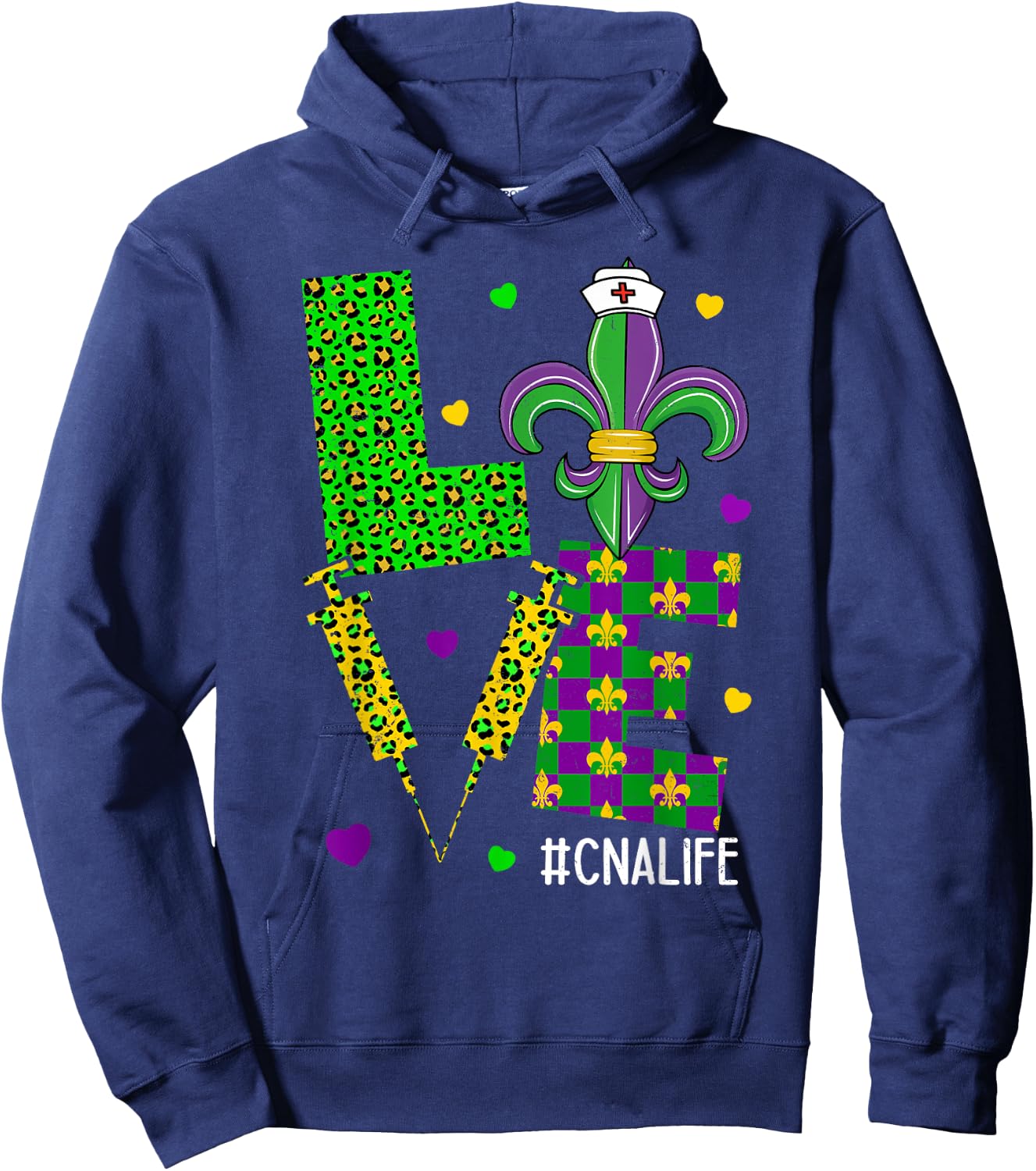 Leopard Love CNA Life Scrub Nurse Mardi Gras Women RN ICU ER Hoodie - Hoodie | Navy
