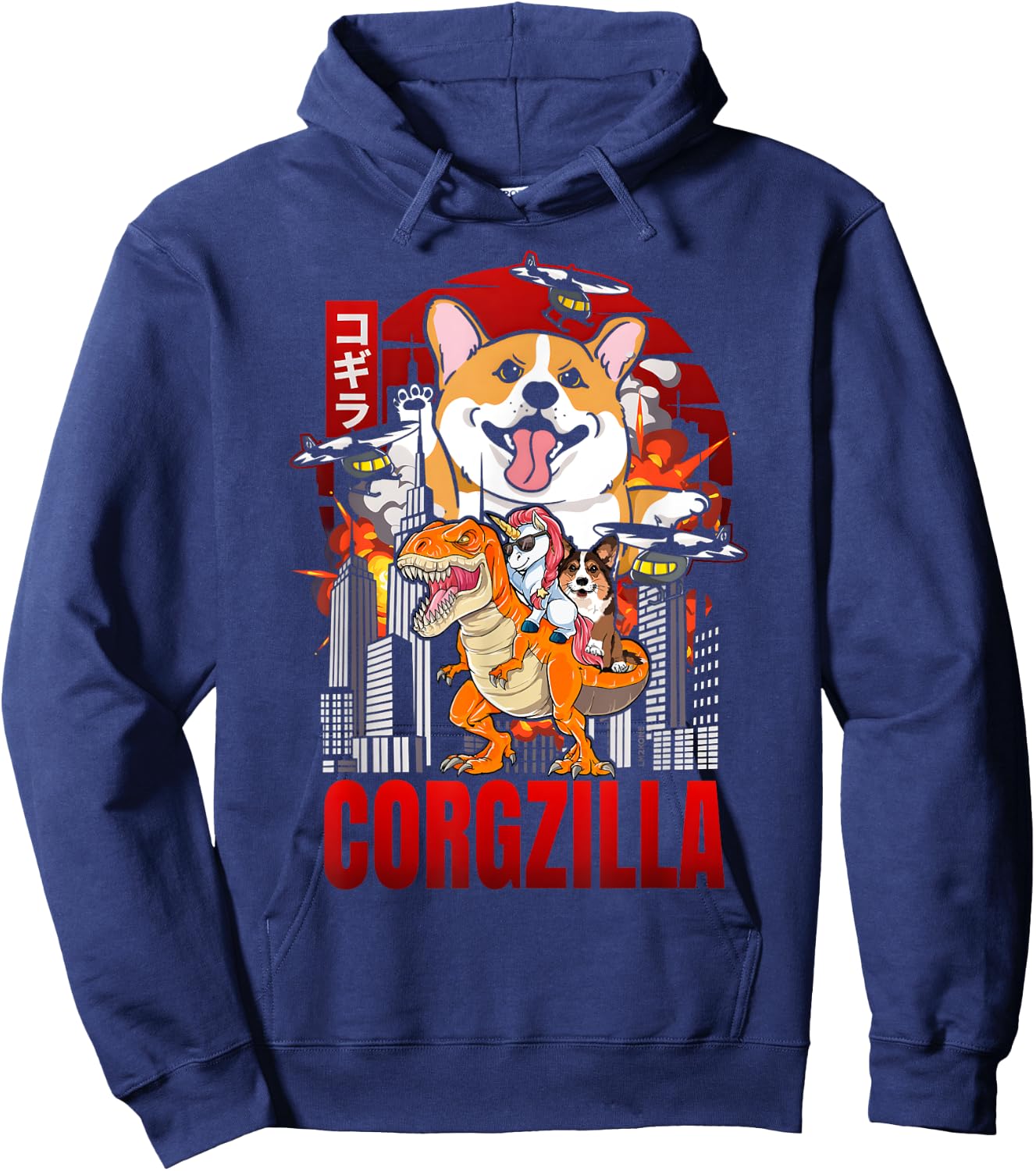 Funny Japanese Corgzilla Unicorn Funny Dog Corgi Lovers Men Women Kids Hoodie - Hoodie | Navy