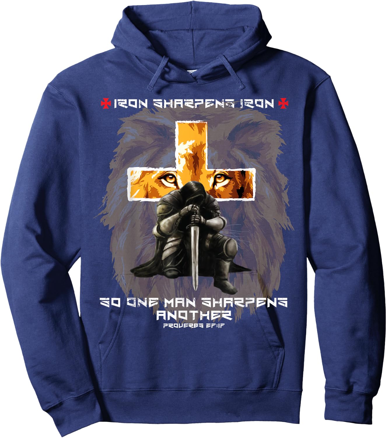 Iron Sharpens Iron Christian Saying Lion Judah Cross Graphic Hoodie - Hoodie | Navy