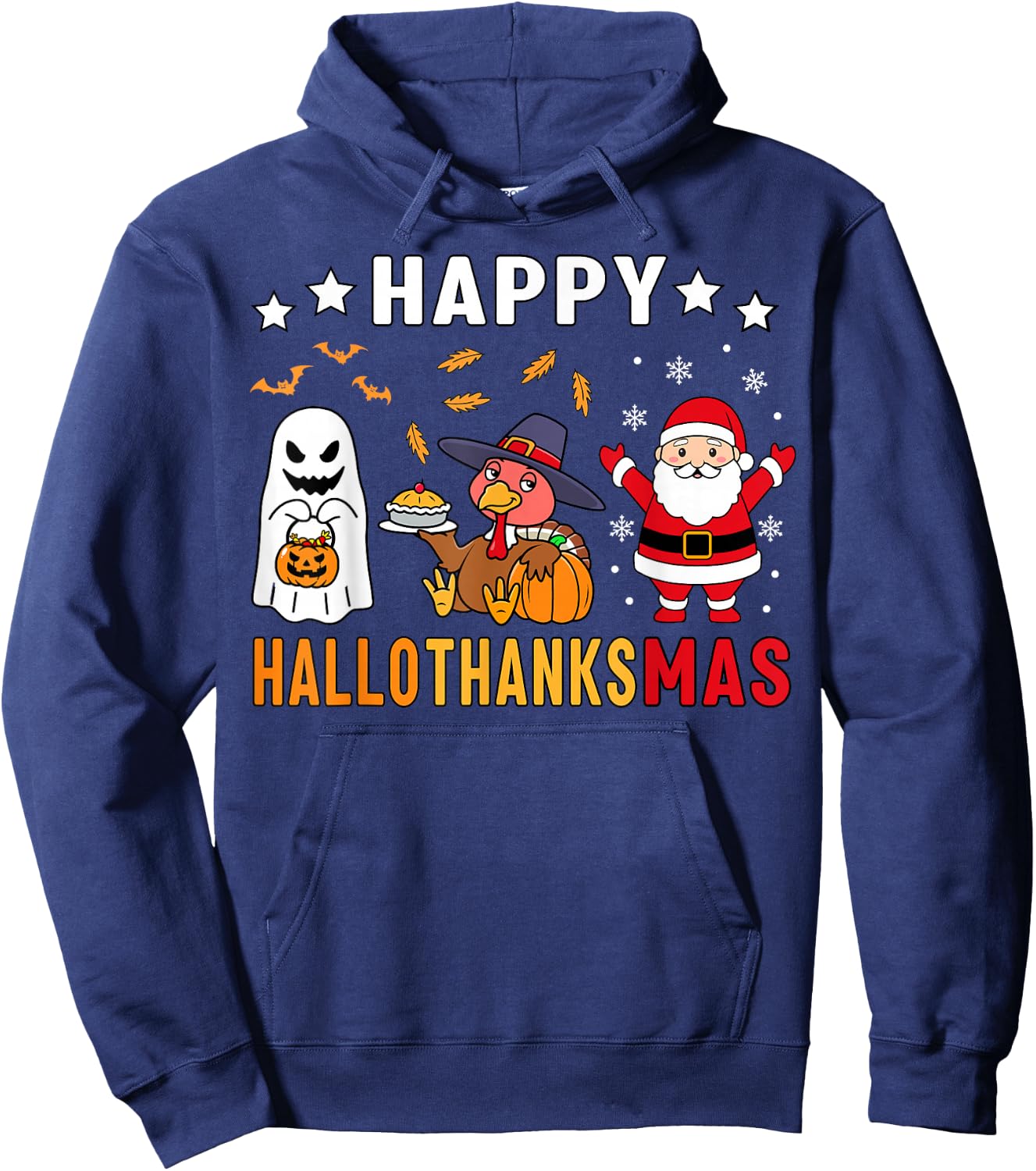 Happy Hallothanksmas Ghost Turkey Pumpkin Christmas Santa Hoodie - Hoodie | Navy