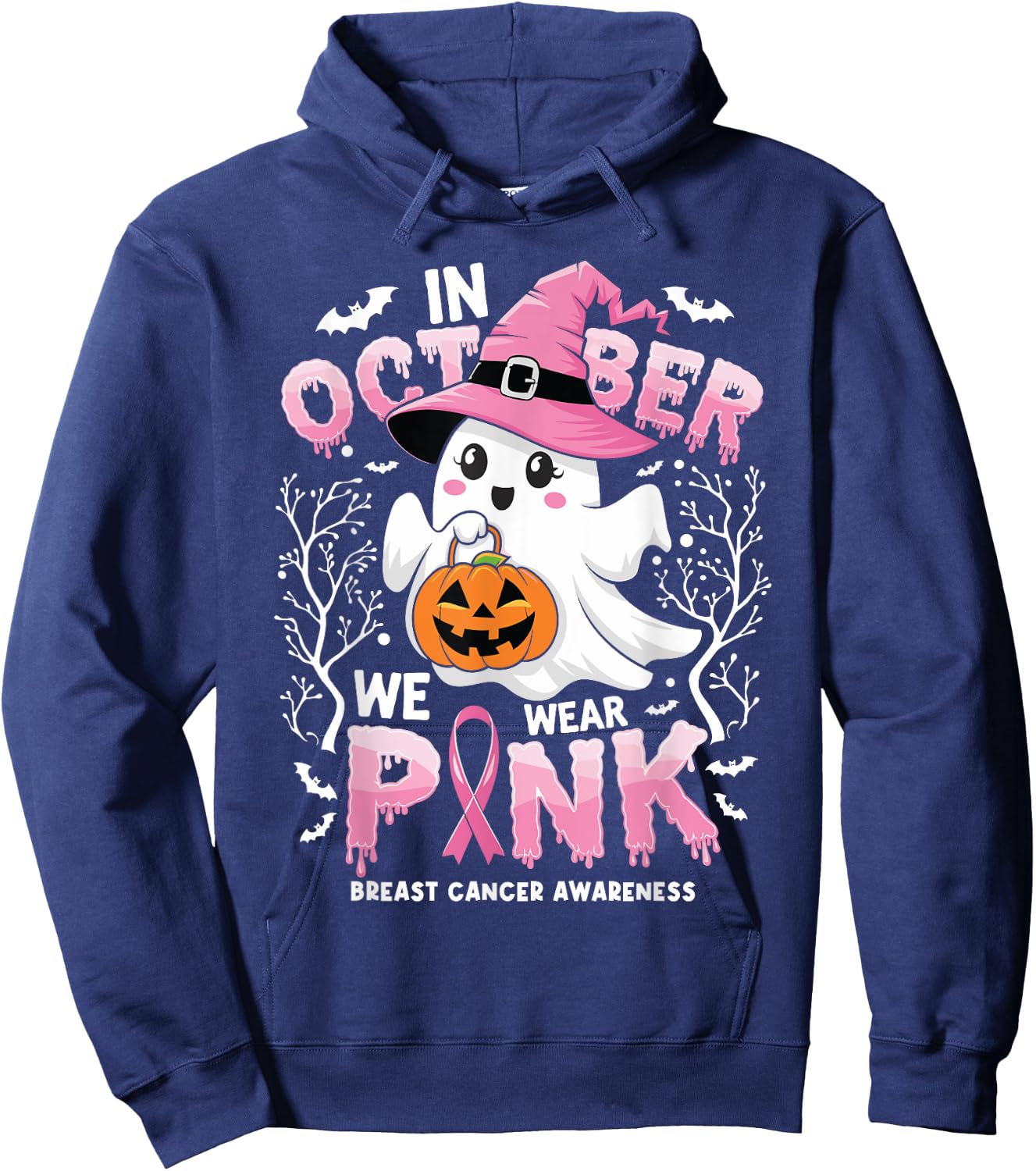 In October We Wear Pink Ghost Witch Breast Cancer Awareness Hoodie - Hoodie | Navy