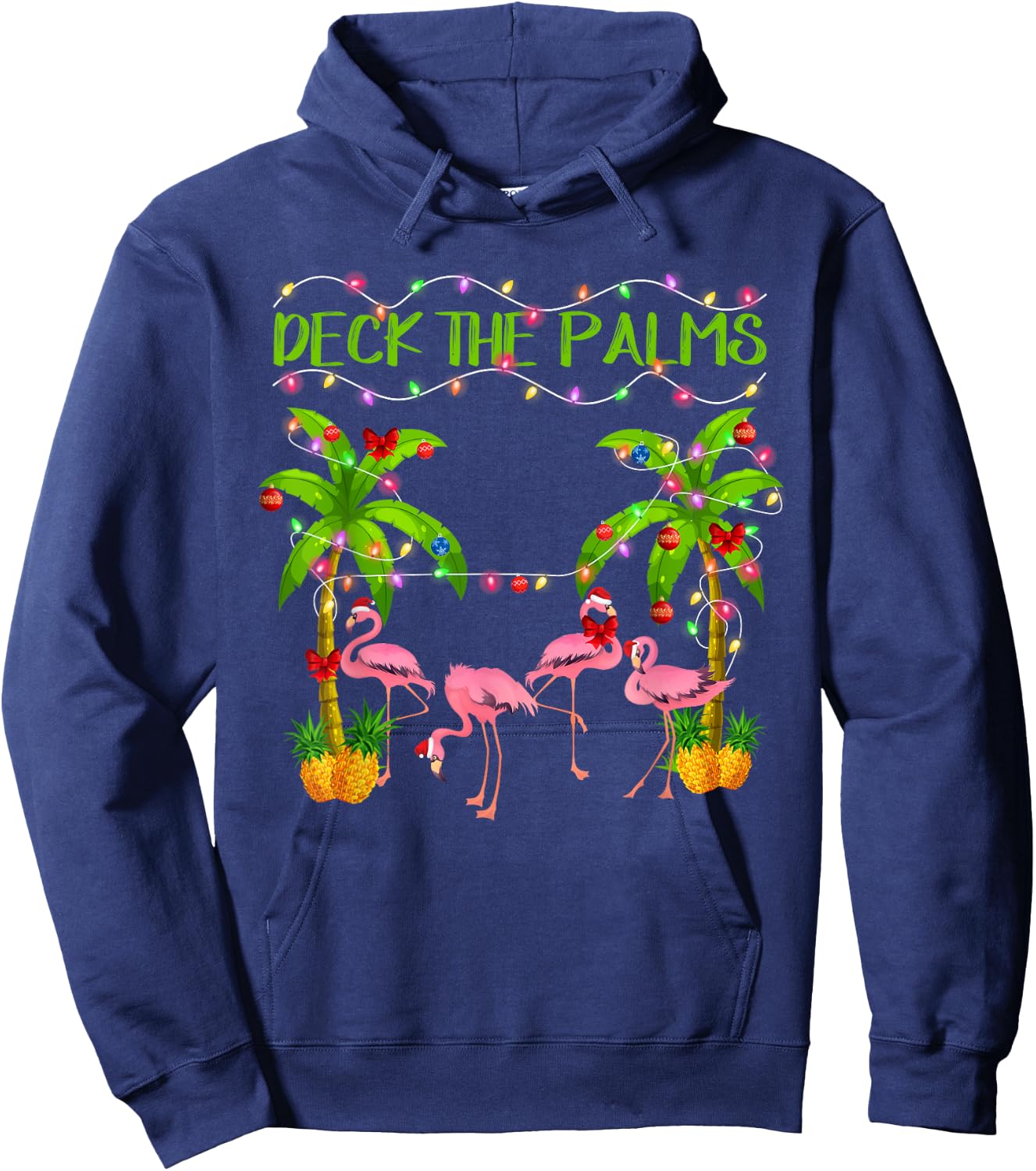 Deck the Palms Flamingo Lover Merry Christmas Pink Xmas Hoodie - Hoodie | Navy