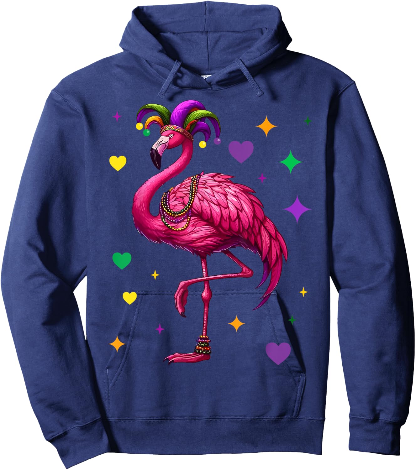 Flamingo Wearing Jester Hat Mardi Gras Fun Hoodie - Hoodie | Navy
