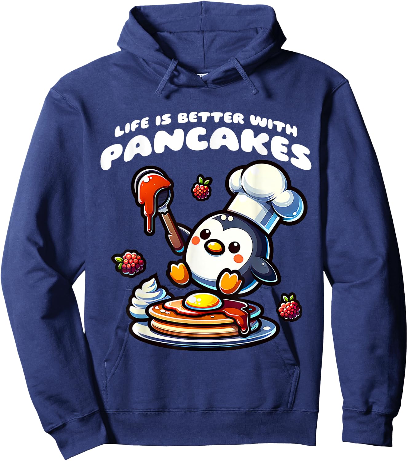 Life is Better with Pancakes Penguin Funny Breakfast Food Hoodie - Hoodie | Navy