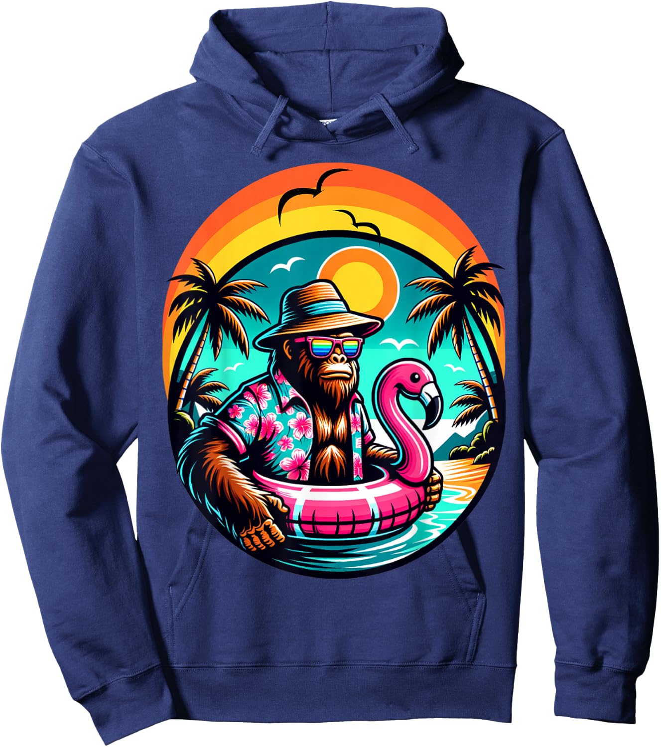 Bigfoot Pink Flamingo Aloha Pool Party Hawaiian Party Hoodie - Hoodie | Navy