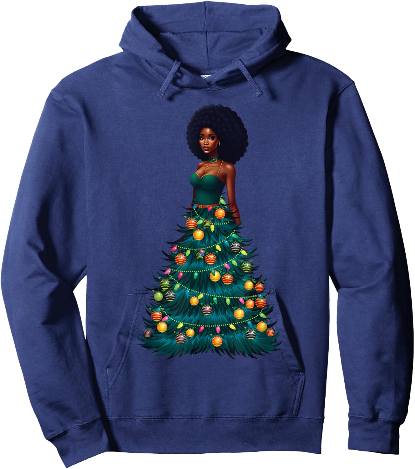 African American Woman Christmas Tree Dress Xmas Decor Hoodie - Hoodie | Navy