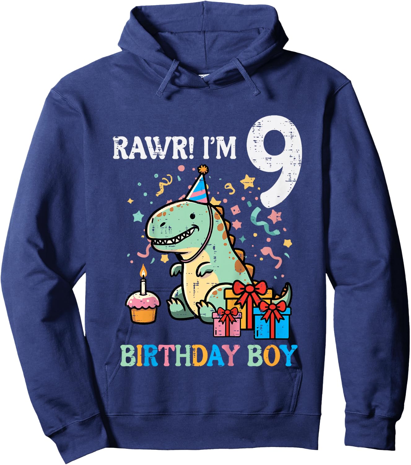 Kids Rawr Im 9 Dinosaur Birthday Boy Cute 9th Bday Trex Boys Kids Hoodie - Hoodie | Navy