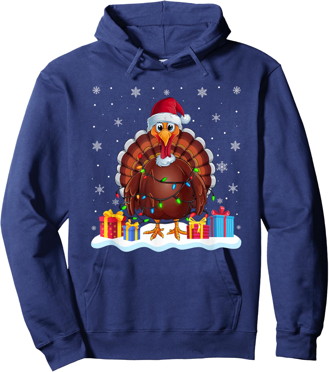 Turkey Santa Hat Christmas Tree Light Xmas Pajama Hoodie - Hoodie | Navy