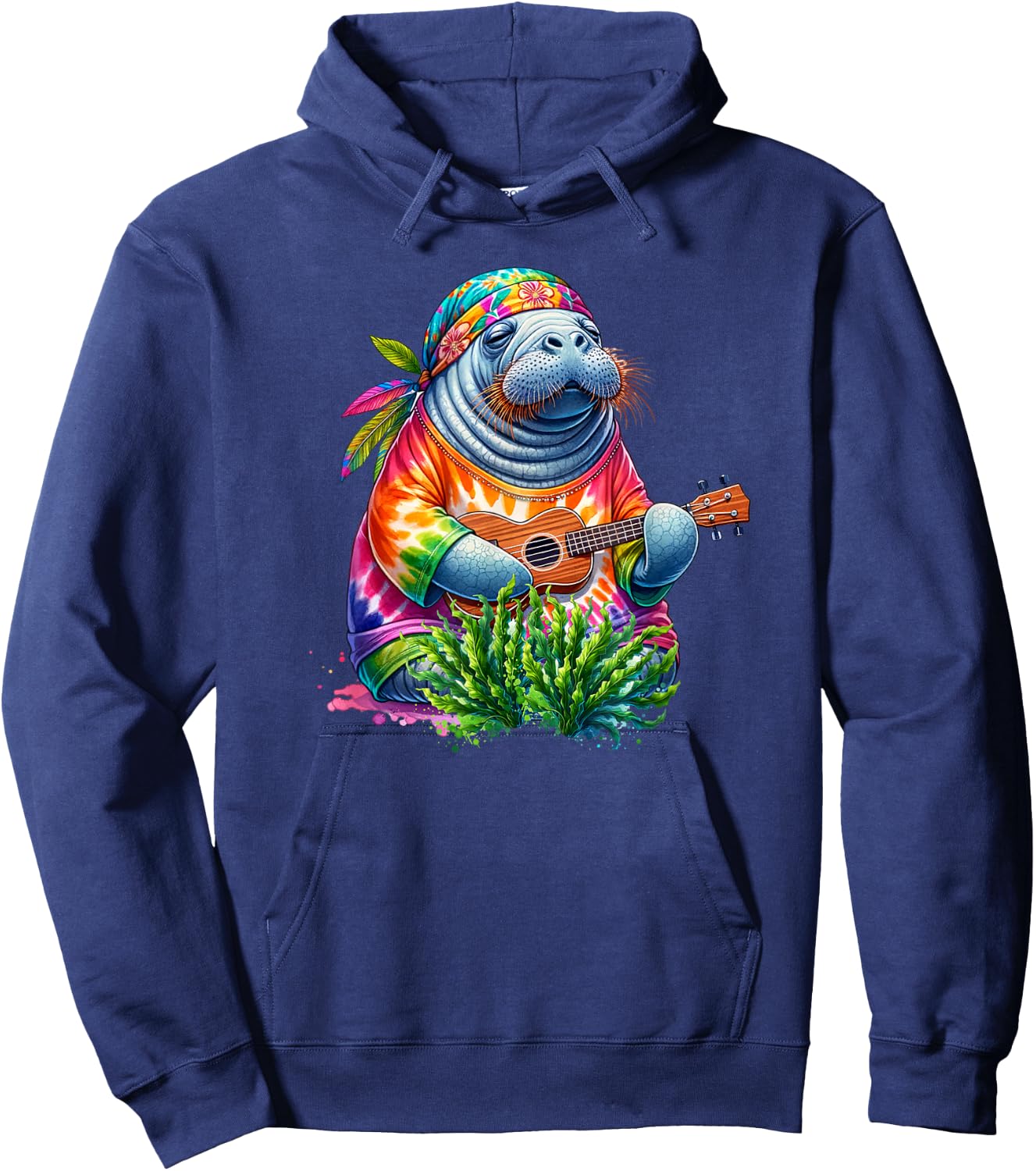 Funny Manatee Wears Hippie Tie Dye Playing Ukulele Uke Life Hoodie - Hoodie | Navy