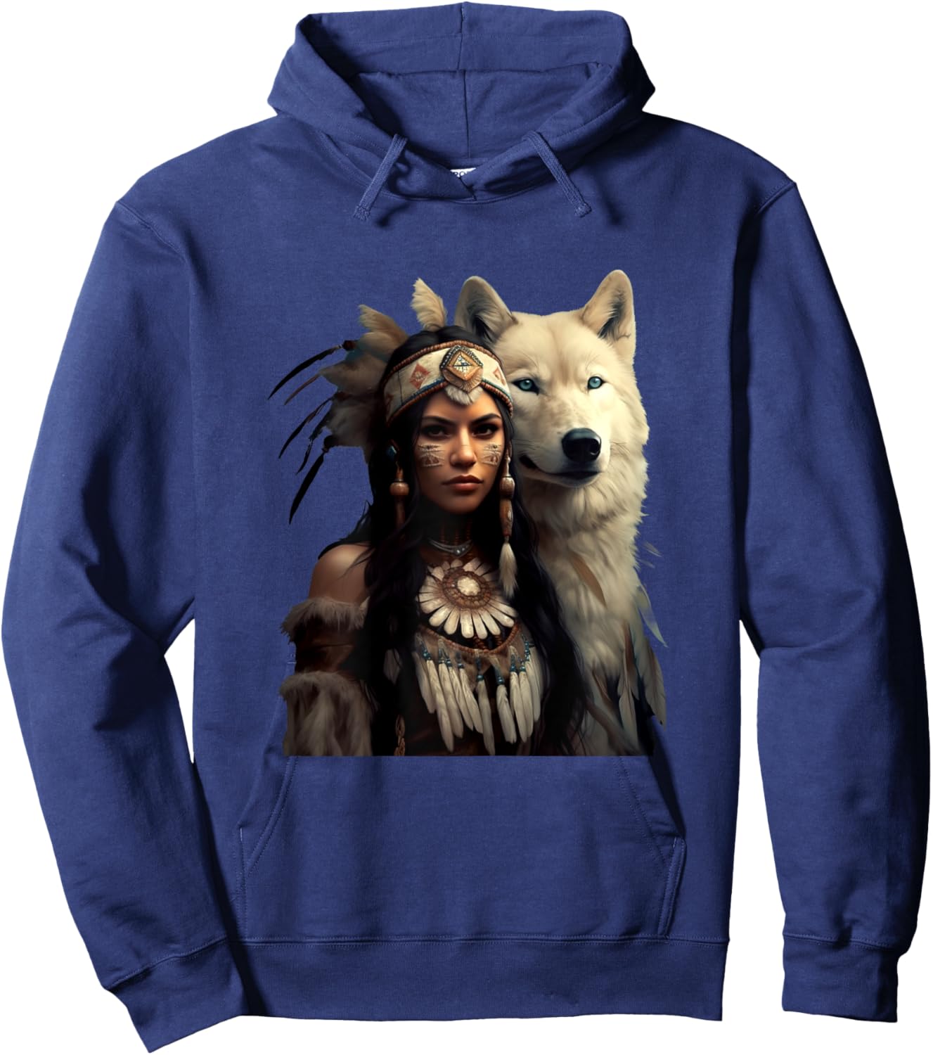 Indian Native American Woman With White Wolf Vintage Gifts Hoodie - Hoodie | Navy