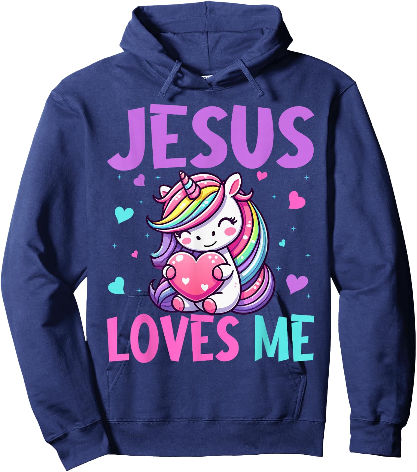 Kids Jesus Loves Me Christian Bible Girls Rainbow Unicorn Hoodie - Hoodie | Navy