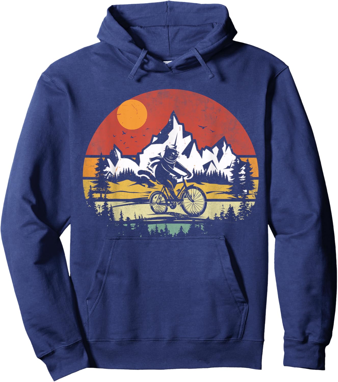 Funny Cat Riding Bicycle Vintage Mountain Biking Cat Biker Hoodie - Hoodie | Navy